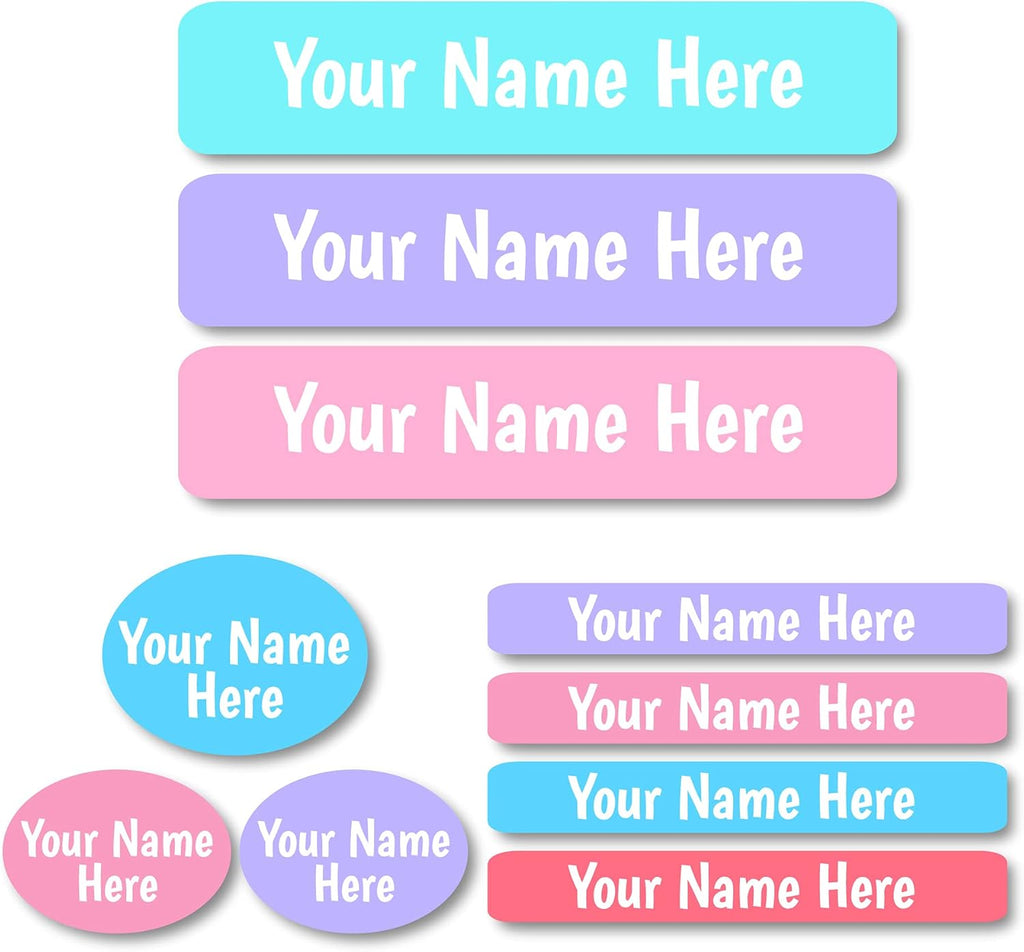 Lovable Labels Personalized Labels for Kids (85 Labels/Pack) - 3 Label Sizes Waterproof Dishwasher Safe Peel & Stick Labels for School Supplies Daycare Camp Clothing Bottles (Cotton Candy)