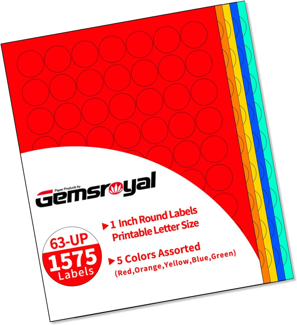 1 Inch Colored Round labels Printable,1" Color Neon Circle Labels for Printer,Colorful 1in Small Round Sticker Paper,5 Colors Assorted(Red,Orange,Yellow,Blue,Green),1575 Circle Stickers Pack