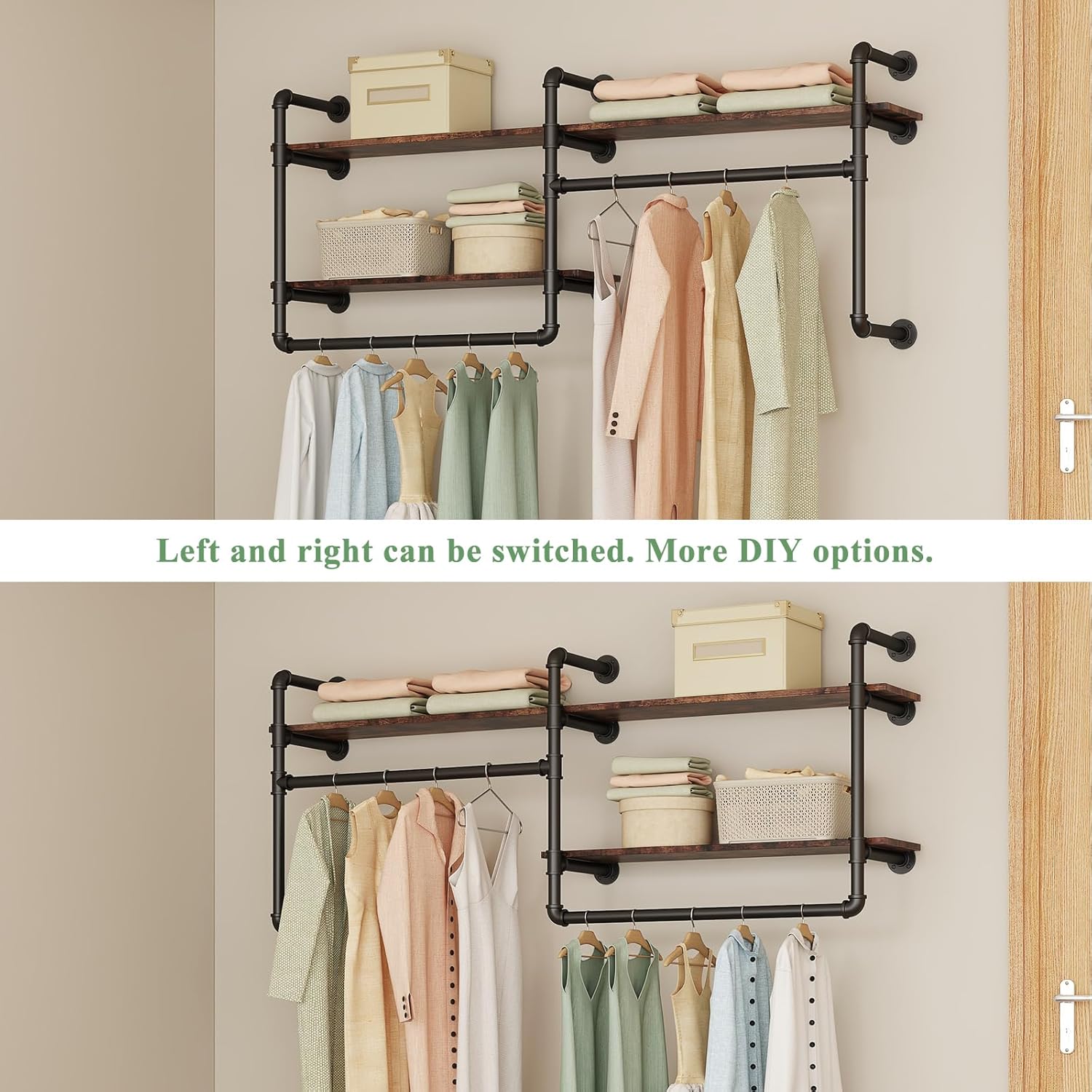 Industrial Pipe Clothing Rack Wall Mounted - Heavy Duty 2-Tier Closet Organizer with Wood Shelves & Dual Hanging Rods for Bedroom/Retail Store