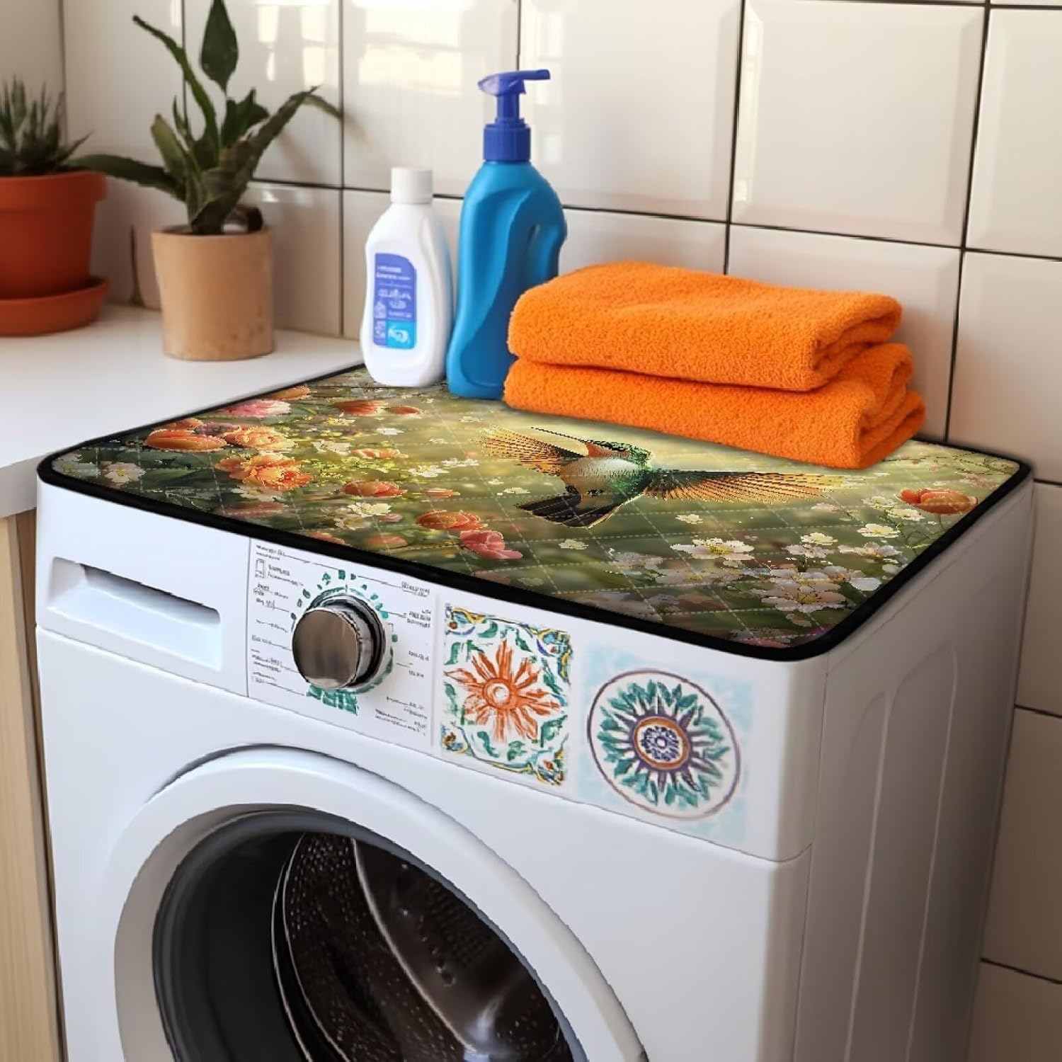 1 Pcs Spring Hummingbird Flowers Washer and Dryer Cover for The Top, Dryer Top Protector Mat Non-Slip Waterproof Washing Machine Cover Protector for Laundry & Kitchen