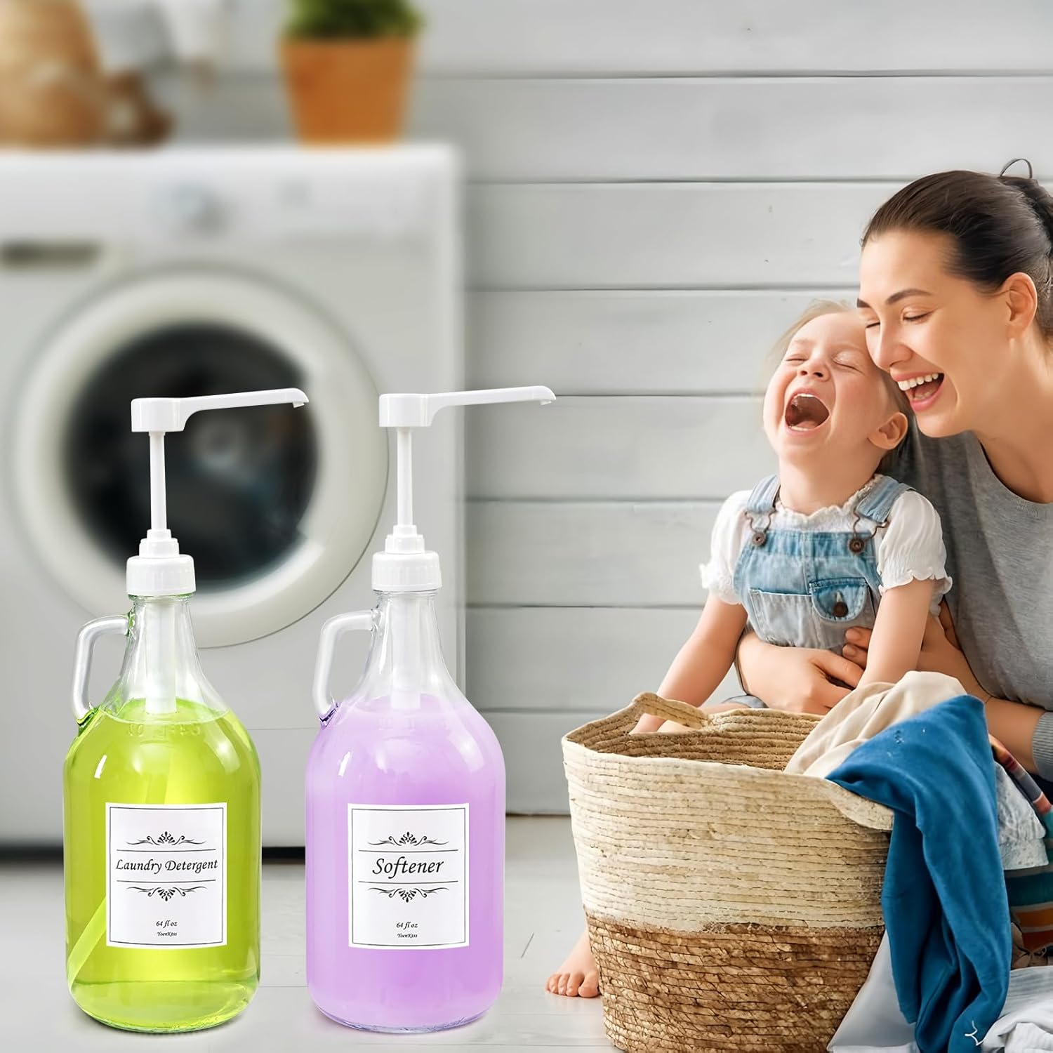 2 Pcs Glass Liquid Laundry Detergent Dispenser with Pump (Upgraded), 64 oz Dispenser for Laundry Room, Half Gallon Glass Jugs with Airtight Lid