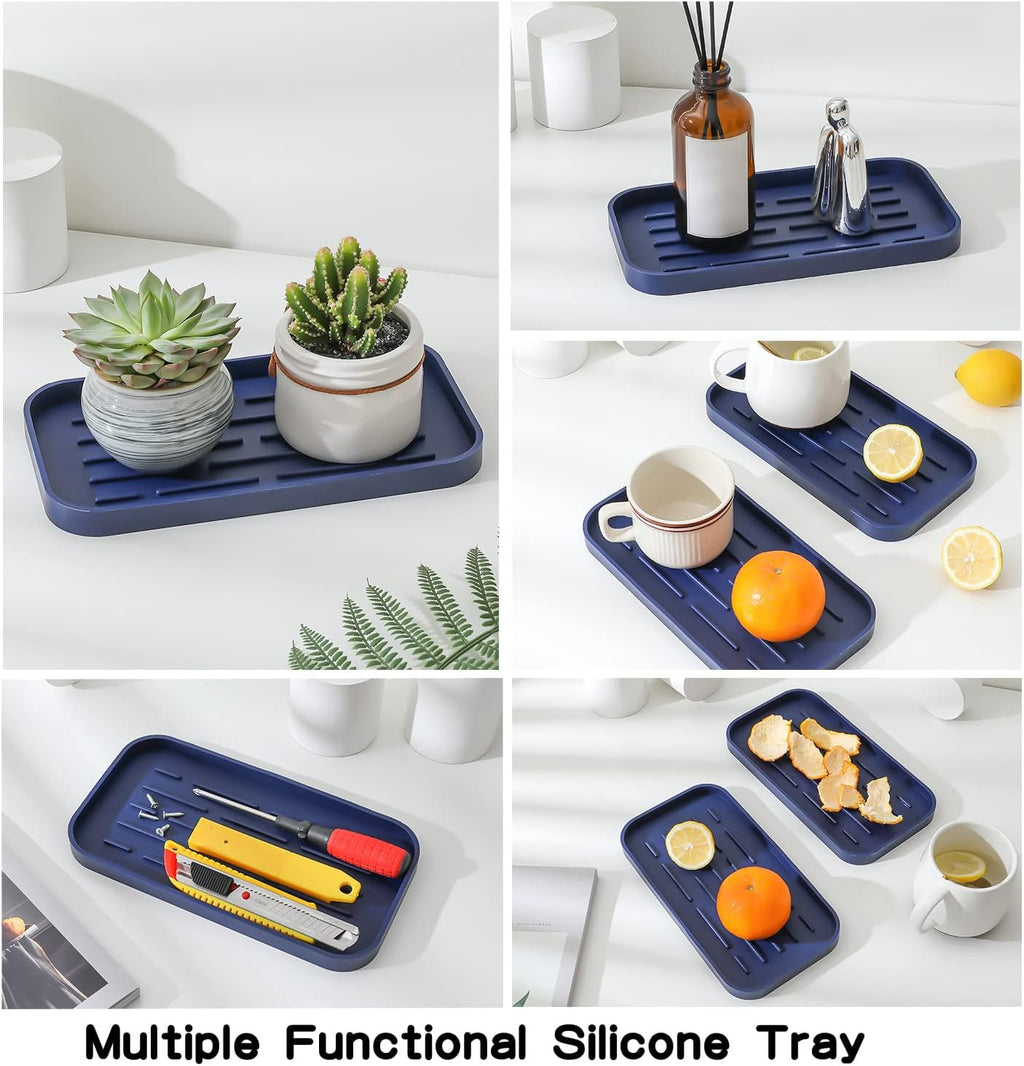 Silicone Kitchen Sink Organizer Tray for Multiple Usage,Eco-Friendly Sponges Holder for Kitchen Bathroom Counter or Sink,Dish Soap Dispenser,Scrubber,Bottle,Cup (Navy Blue, 10"×5.3")