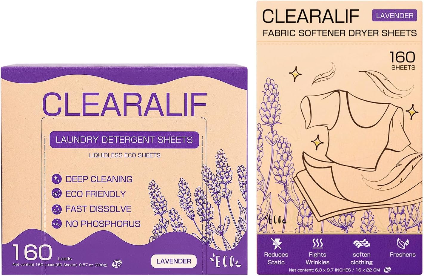 CLEARALIF All in One Laundry Detergent Sheets Kit, Lavender Scent, 160 Loads Laundry Sheets + 160 Drying Sheets, Laundry Set Great for Travel, Softener Sheets Eco Package Friendly & Hypoallergenic