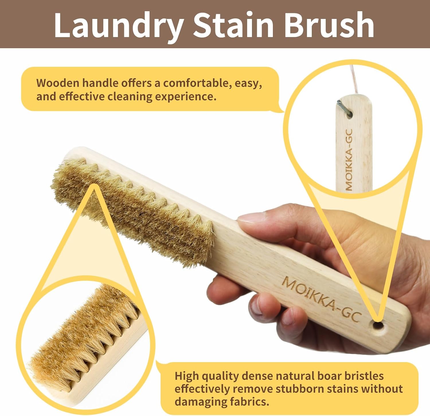 Wood Laundry Stain Brush Set (Large + Small) with Boar Bristles – Tough Stain Remover for Delicates, Cotton, Linens & Shoes, Laundry Scrub Brushes for Clean Fabric