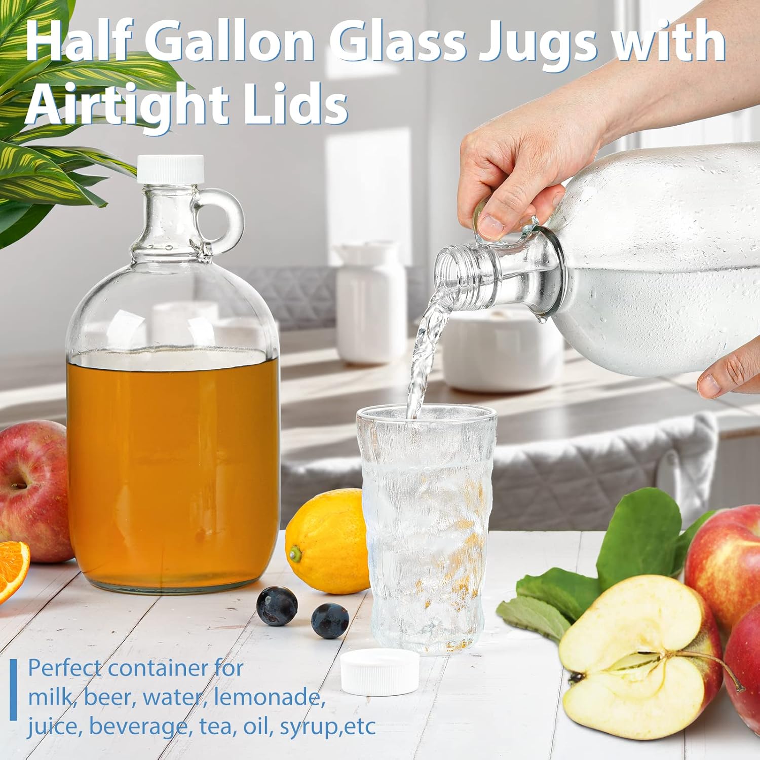 2 Pack 64 Oz Laundry Detergent Dispenser with Pump and Lid - Half Gallon Glass Pump Bottle for Laundry Soap Dispenser, Liquid Detergent, Fabric Softener Dispenser - Extra Label, Funnel