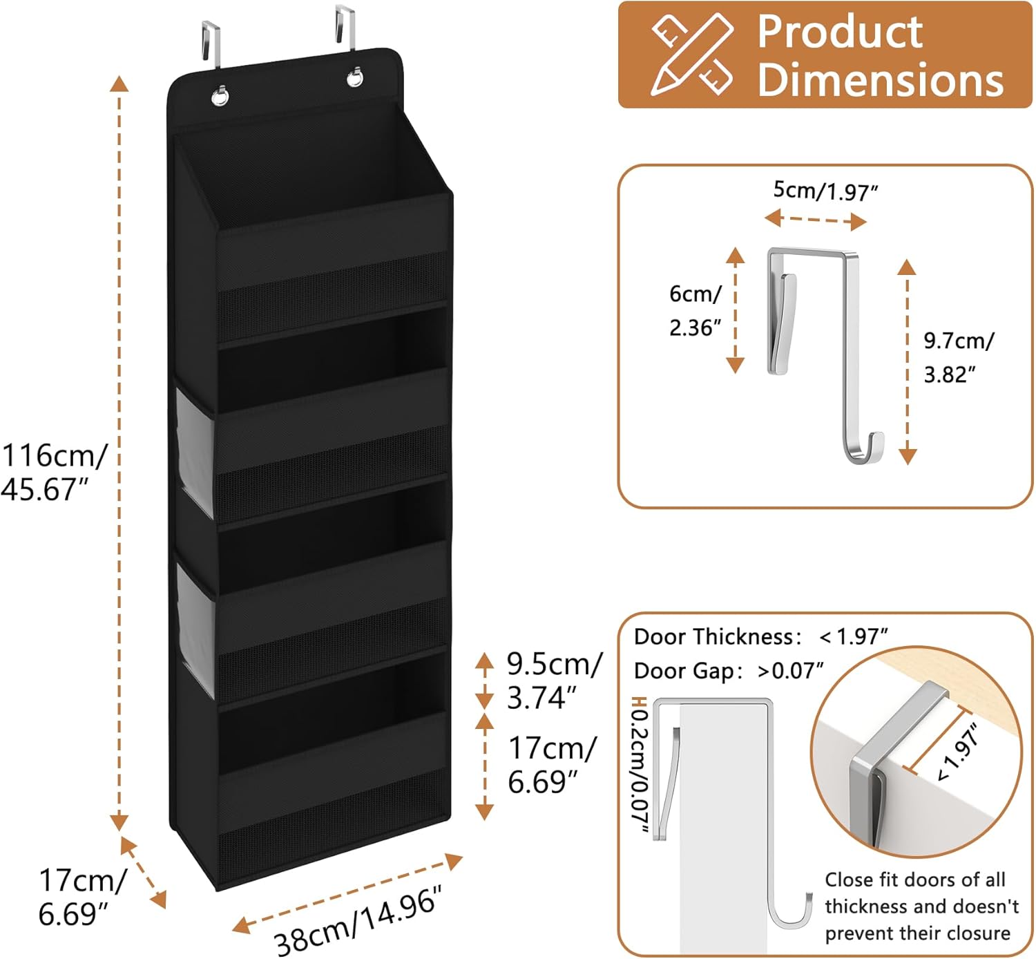 1 Pack 4-Tier Over the Door Organizer, Heavy-Duty Large Deep Pocket Hanging With 4 Large Front & 4 Side Pockets With for Pantry, Kitchen, Bathroom, Dorm, Black