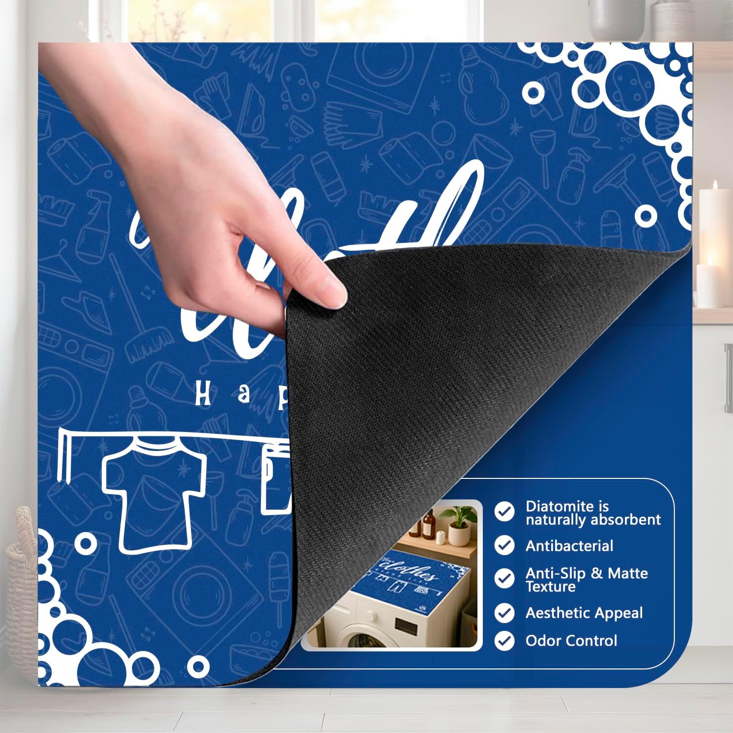 (2PCS) Washer And Dryer Covers For The Top With Blue Design And Happy Life Words, Decorative Washer Dryer Topper And Washing Machine Cover For A Cheerful Laundry Room (23 x 23 in)