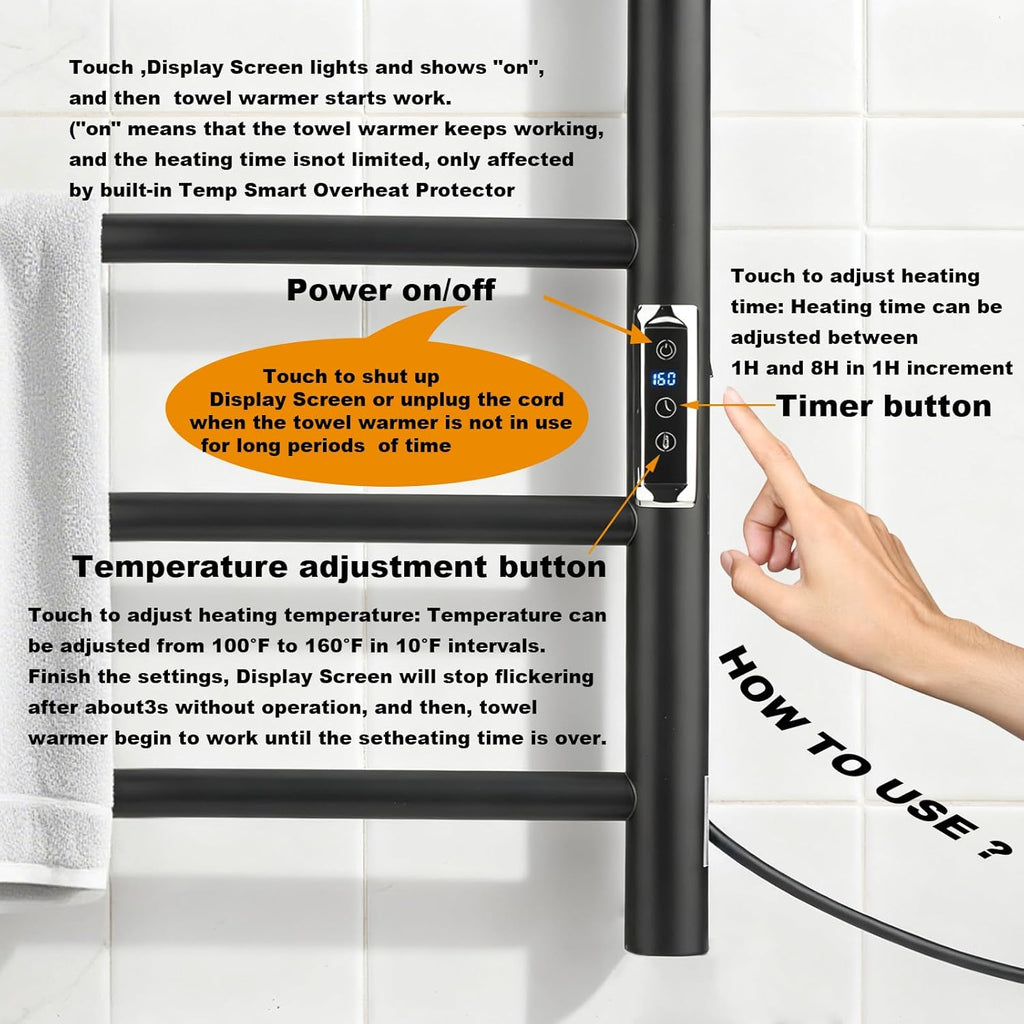 (1 Pack) Electric Towel Warmer with Built-in Timer - Wall Mounted Bathroom Heated Towel Rack, Plug-in Design Black