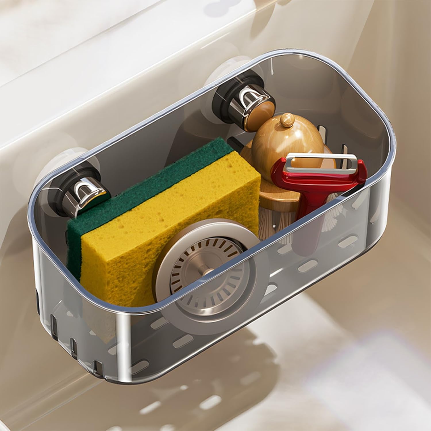 Sponge Holder with Strong Suction Cup, Dish Sponge Caddy Inside Sink Removable,Kitchen Sink Caddy Organizer for Dish Cloth, Brush, Scrubber (black)