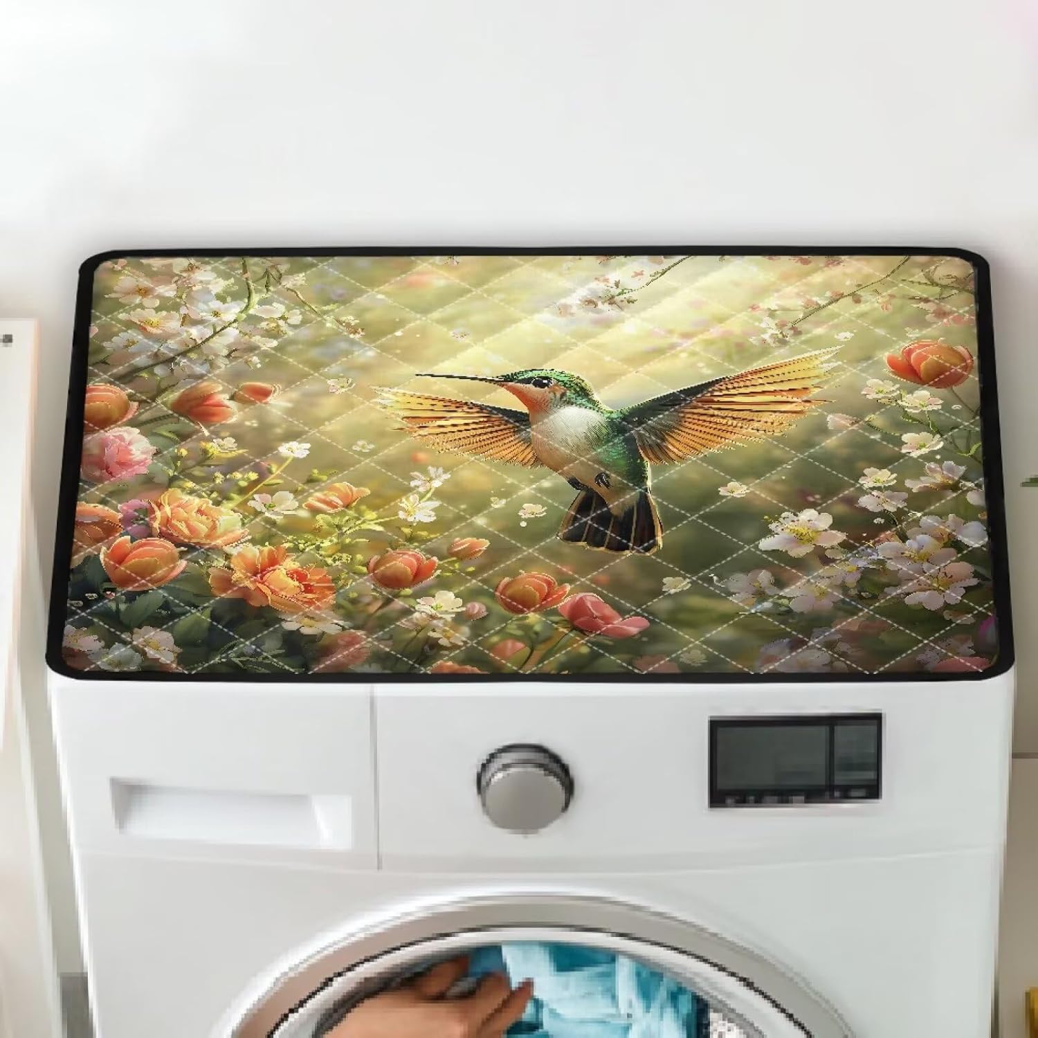 1 Pcs Spring Hummingbird Flowers Washer and Dryer Cover for The Top, Dryer Top Protector Mat Non-Slip Waterproof Washing Machine Cover Protector for Laundry & Kitchen