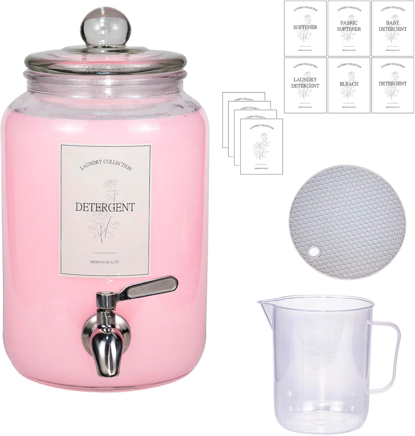 Large Liquid Laundry Detergent Dispenser with Spigots and Measuring Cups,108oz Leak-Proof Glass Fabric Softener,Reusable Glass Detergent Dispenser for Laundry Room Organizer and Storage(1)