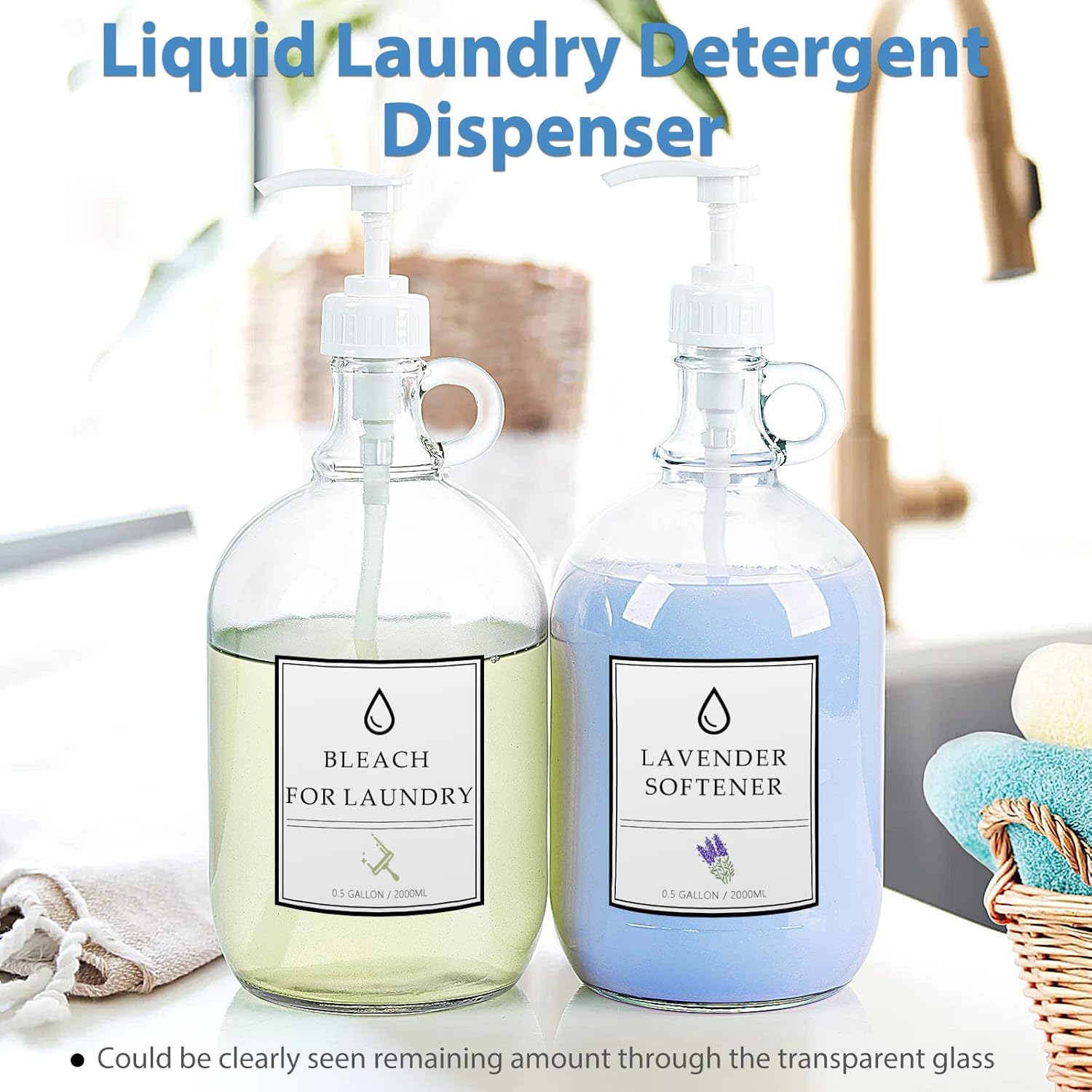 2 Pack 64 Oz Laundry Detergent Dispenser with Pump and Lid - Half Gallon Glass Pump Bottle for Laundry Soap Dispenser, Liquid Detergent, Fabric Softener Dispenser - Extra Label, Funnel