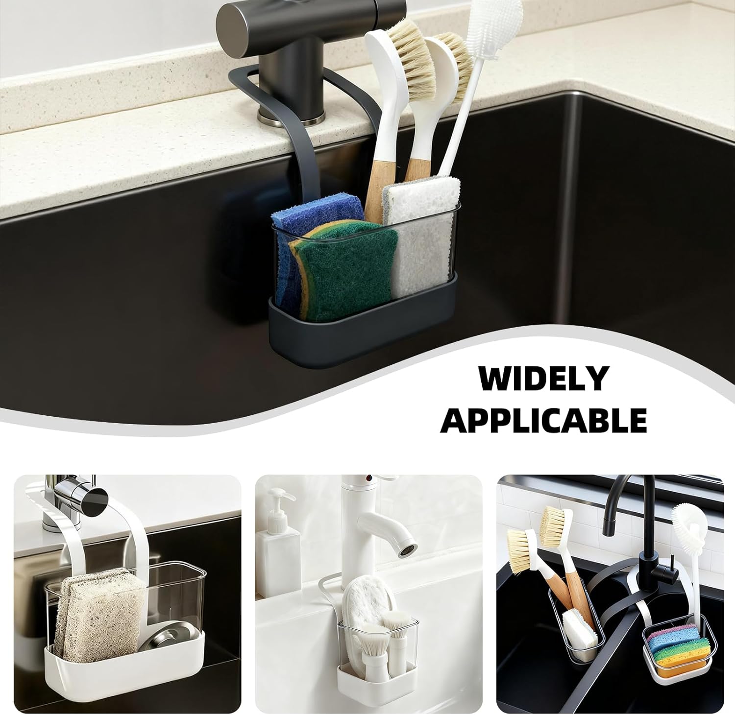 Sponge Holder for Kitchen Sink Dish Sponge Sink Caddy Kitchen Organizer Gadgets Storage for Dish Brush Scrubber Hanging Strap Faucet Caddy with Drain Holes (Grey, Small)
