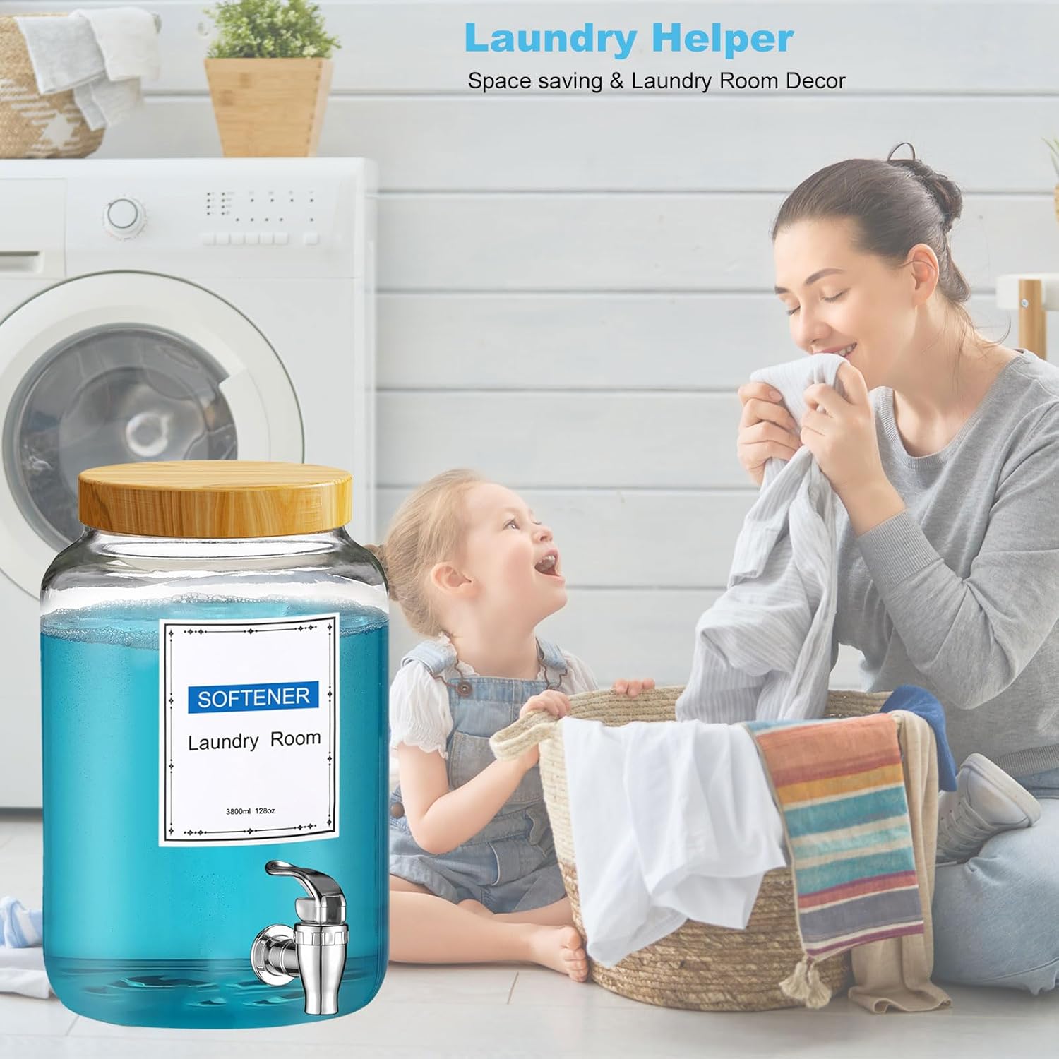 Laundry Detergent Dispenser,1 Gallon Glass Liquid Laundry Detergent Dispenser,for Bleach, Fabric Softener,Laundry Soap Dispenser,for Laundry Room Organization and Storage