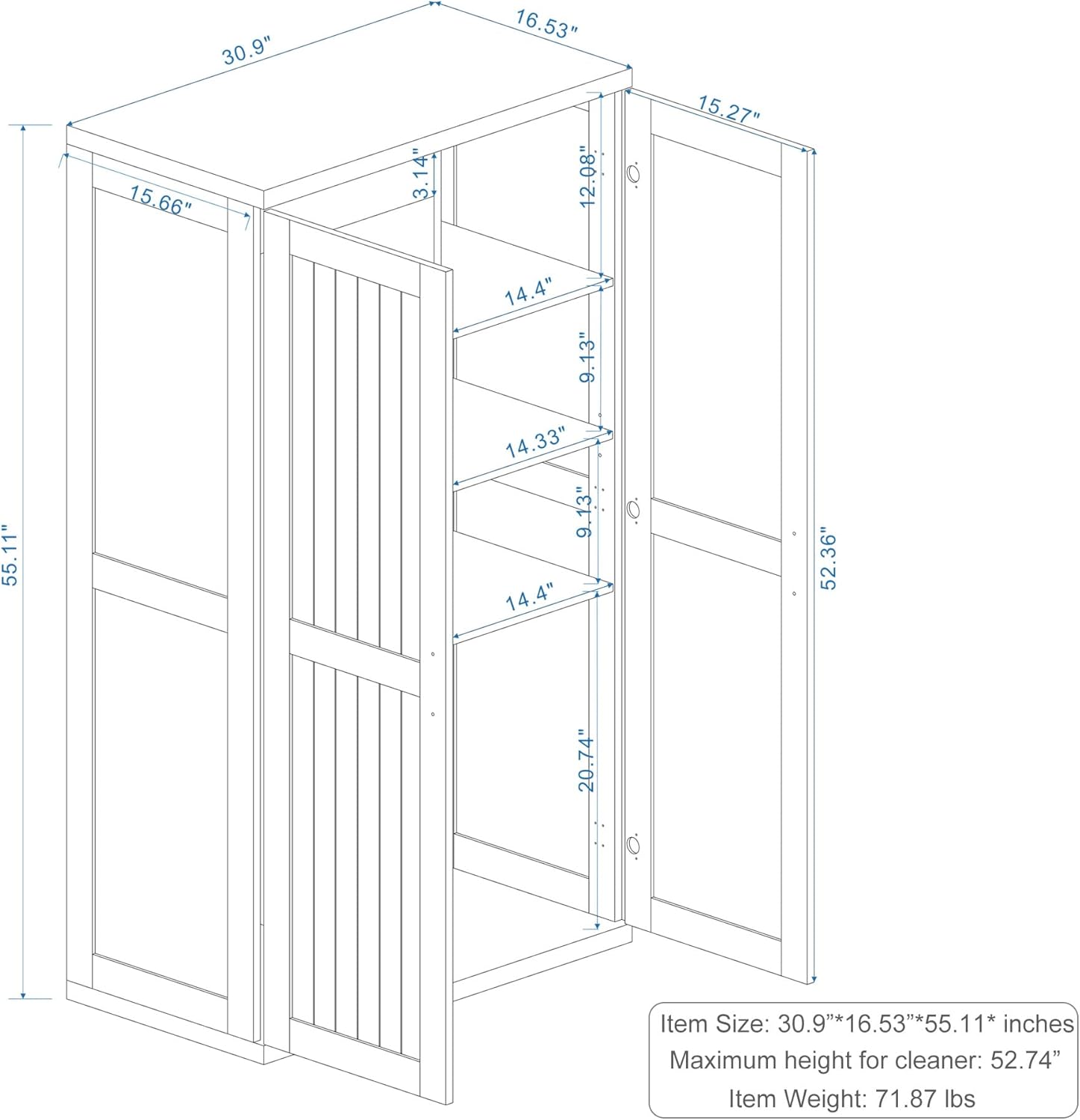 Wooden 55" Tall Broom Closet Storage Cabinet for Vacuum Cleaner & Floor Scrubbers with 2 Doors and Adjustable Shelf, Cleaning Supply Cabinet with Bottom Openwork for Laundry Room, Garage