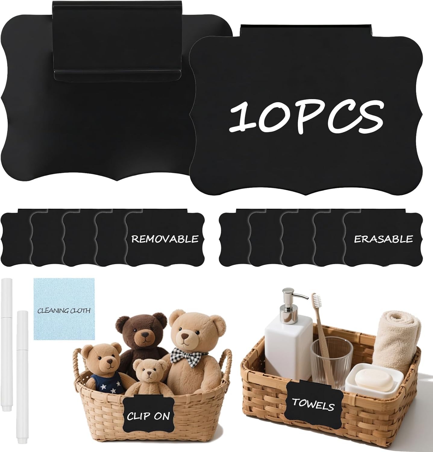 10PCS Basket Labels Clip On, Black Removable Labels for Storage Basket Labels with 2 Markers & 1 Wipe, Bin Labels for Storage Bins 2.5X3.5''