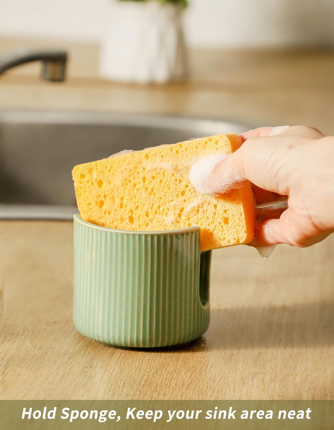 Sponge Holder for Kitchen Sink Countertop, Ceramic Scrub Sponge Dish Holder, Compact Sink Caddy Organizer Accessories for Dish Brush, Scrubber, Glazed Green