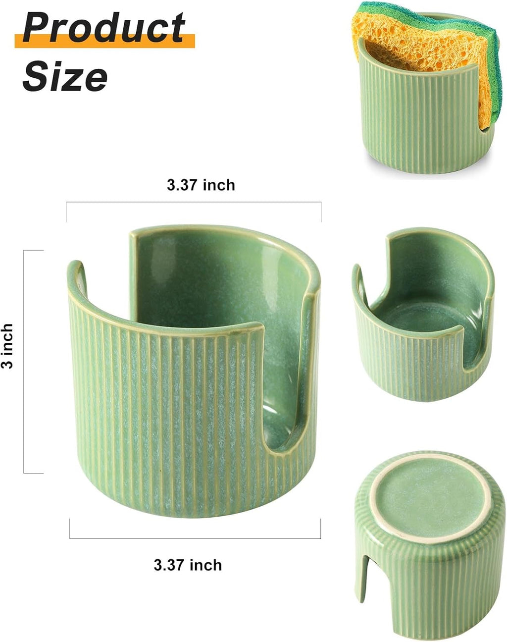 Sponge Holder for Kitchen Sink Countertop, Ceramic Scrub Sponge Dish Holder, Compact Sink Caddy Organizer Accessories for Dish Brush, Scrubber, Glazed Green