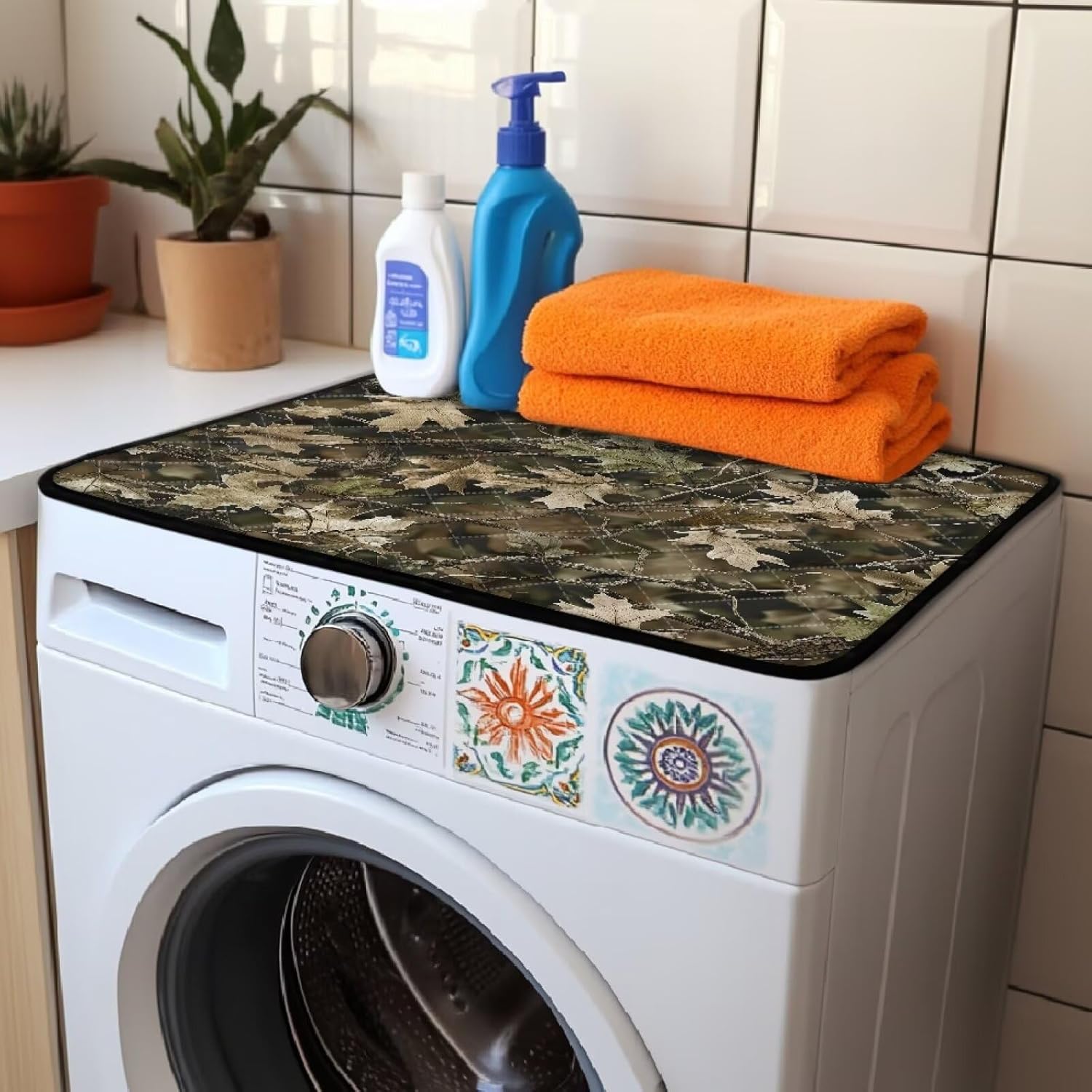 1 Pack Washing Machine Top Dust Cover Pad 24'' x 19.68'' Washable Washer and Dryer Protective Mat Non-Slip Countertop for Home Laundry, Dead Leaves Print