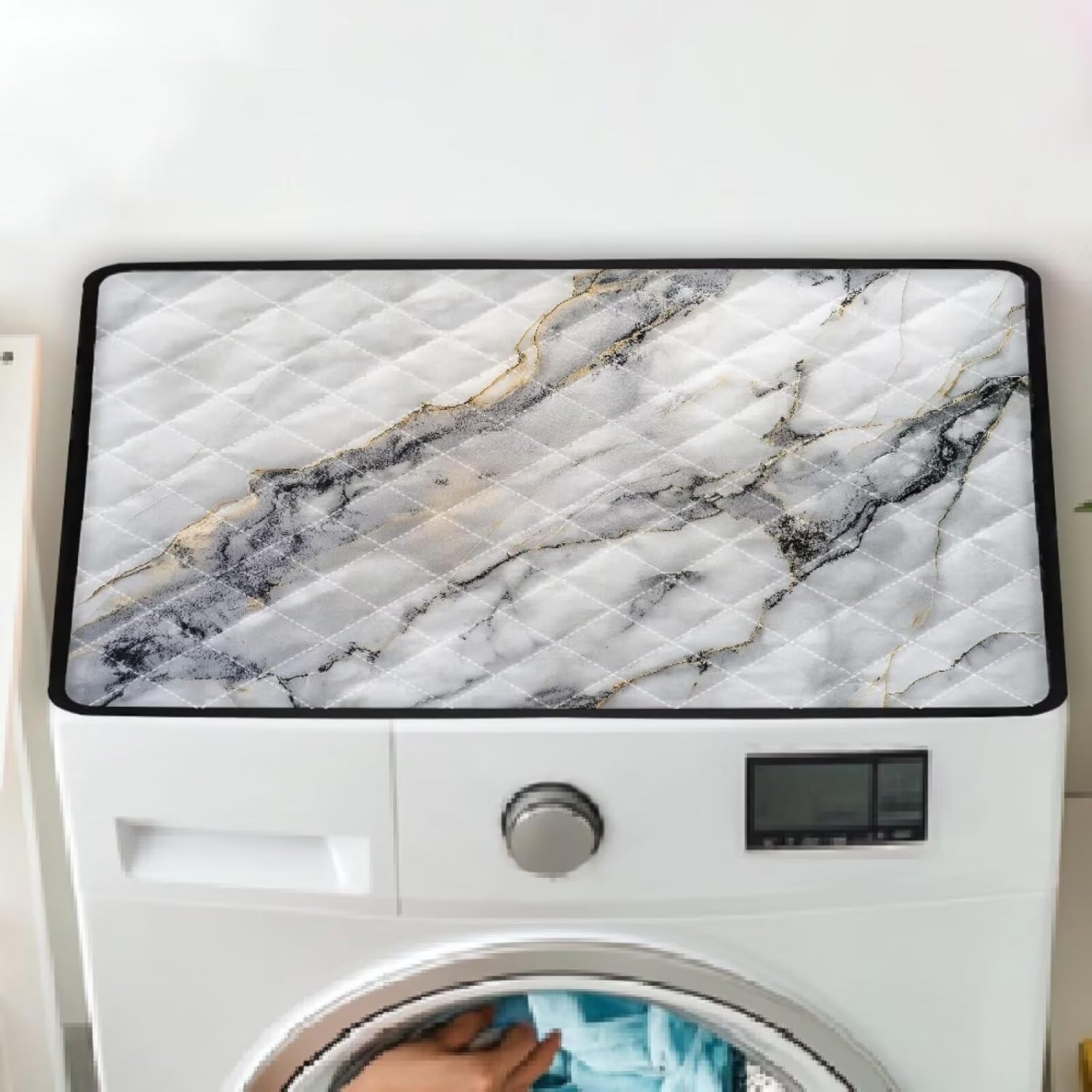 1 Pcs Washer and Dryer Cover for the Top, 24'' x 19.68'' Washing Machine Protector Mat Polyester Pad for Home Kitchen Laundry Room, White Black Marble Crack Abstract Print
