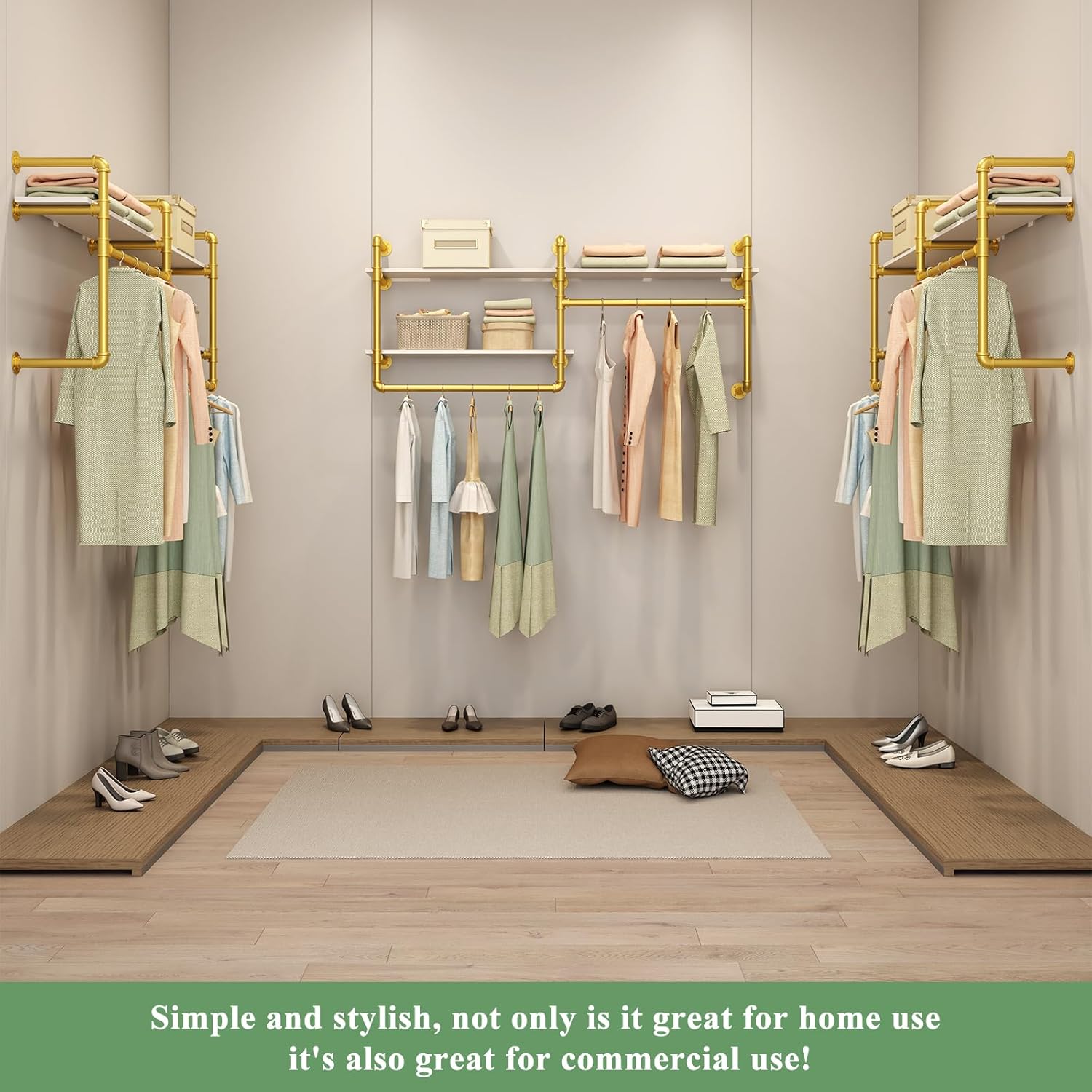 Industrial Pipe Clothing Rack Wall Mounted - Heavy Duty 2-Tier Closet Organizer with Wood Shelves & Dual Hanging Rods for Bedroom/Retail Store, Gold