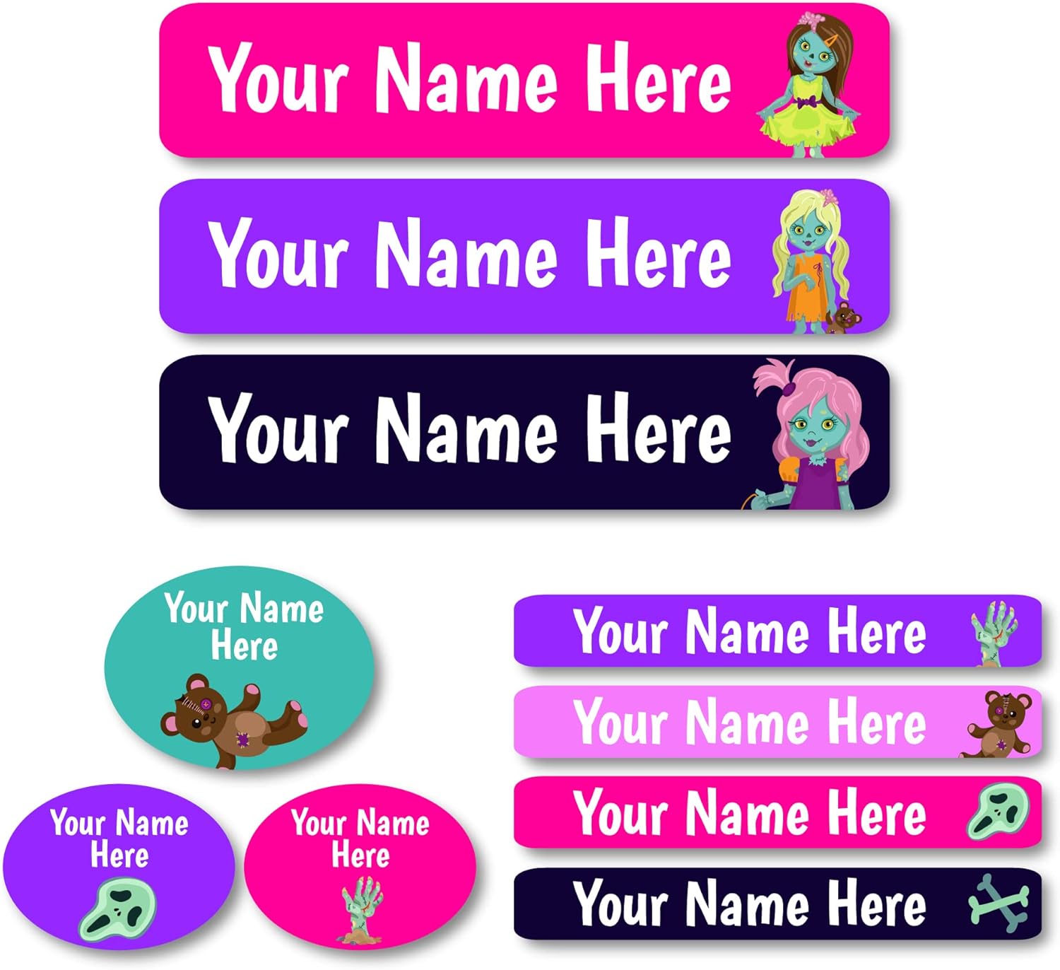 Lovable Labels Personalized Labels for Kids (85 Labels/Pack) - 3 Label Sizes Waterproof Dishwasher Safe Peel & Stick Labels for School Supplies Daycare Camp Clothing Bottles (Zombie Girls)