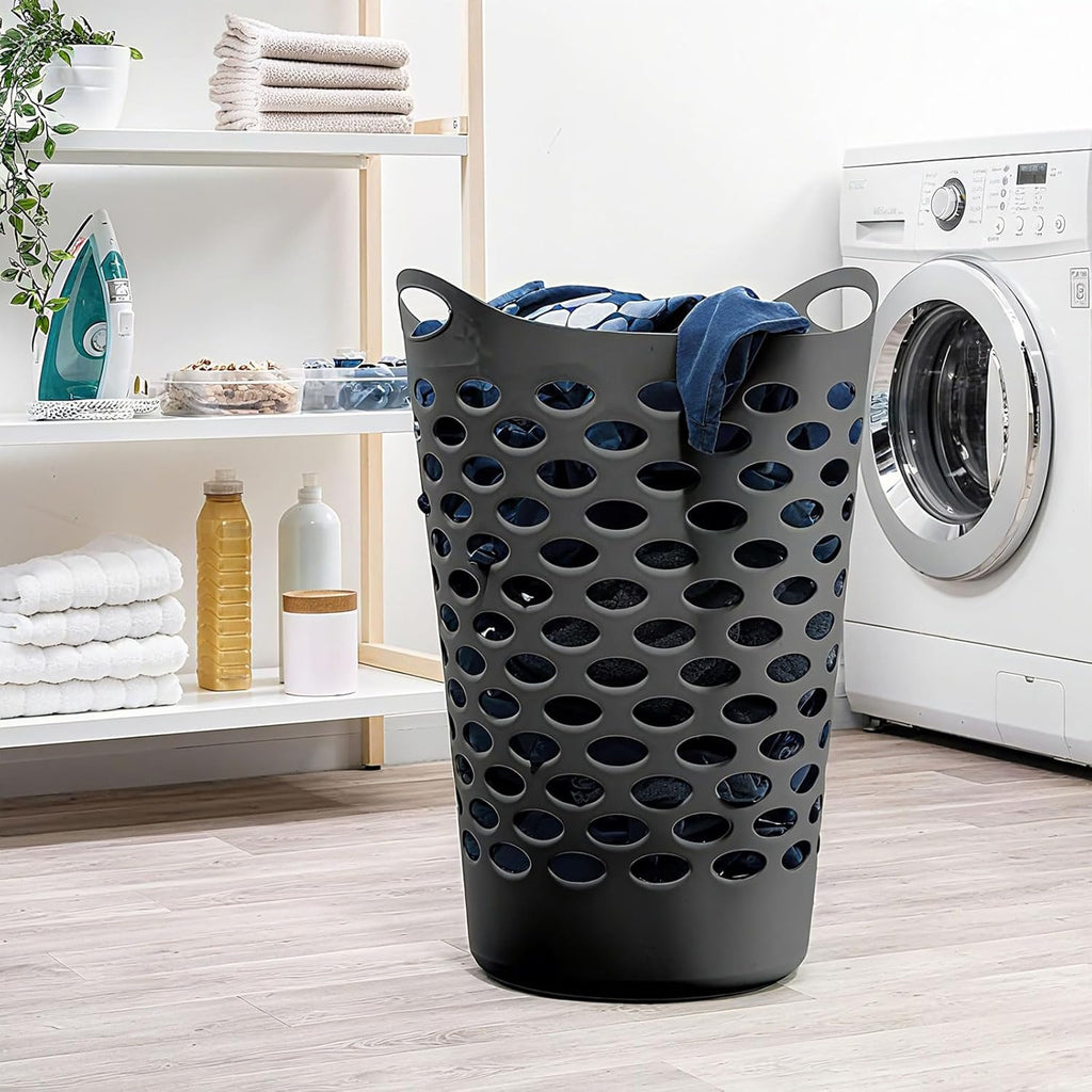 (3 Pack) Black Plastic Round Laundry Hamper - 2.2 Bushel Capacity, Lightweight with Flex Carrying Handles for Home, Dorm, Bathroom & Laundry Room