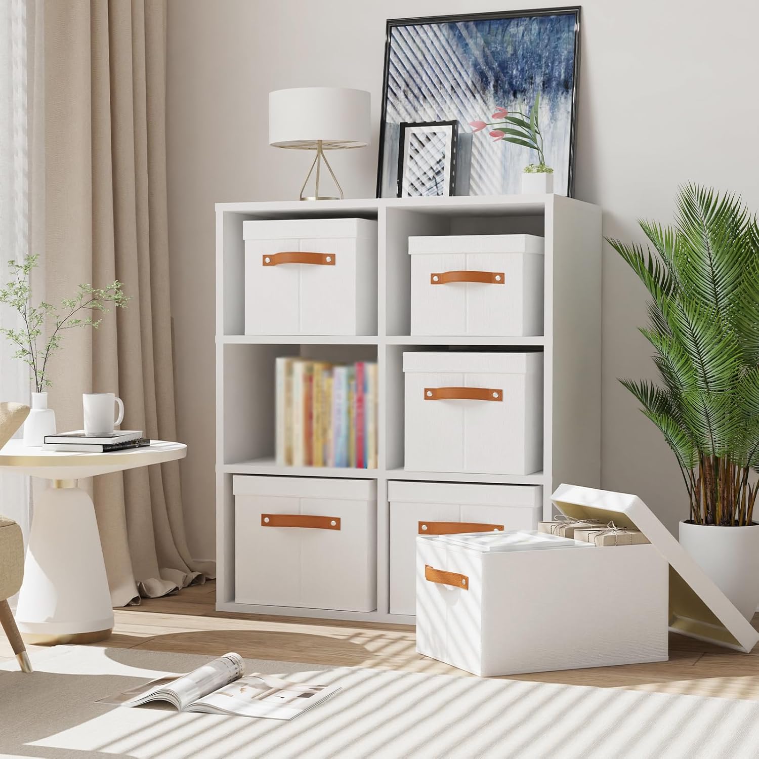 1 Pack Storage Box with Lid, Storage Basket for Shelves with Handles, Fabric Closet Organizer, White, 16.5 x 11.8 x 10.2 Inch