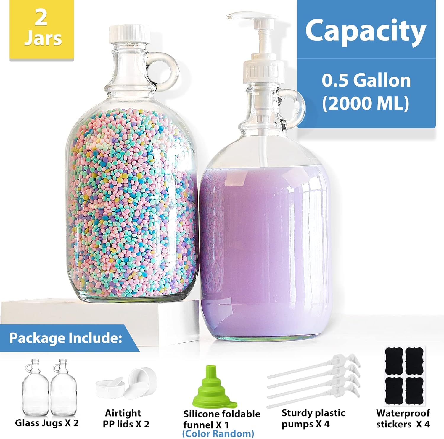 2 Pack 64 Oz Laundry Detergent Dispenser with Pump and Lid - Half Gallon Glass Pump Bottle for Laundry Soap Dispenser, Liquid Detergent, Fabric Softener Dispenser - Extra Label, Funnel