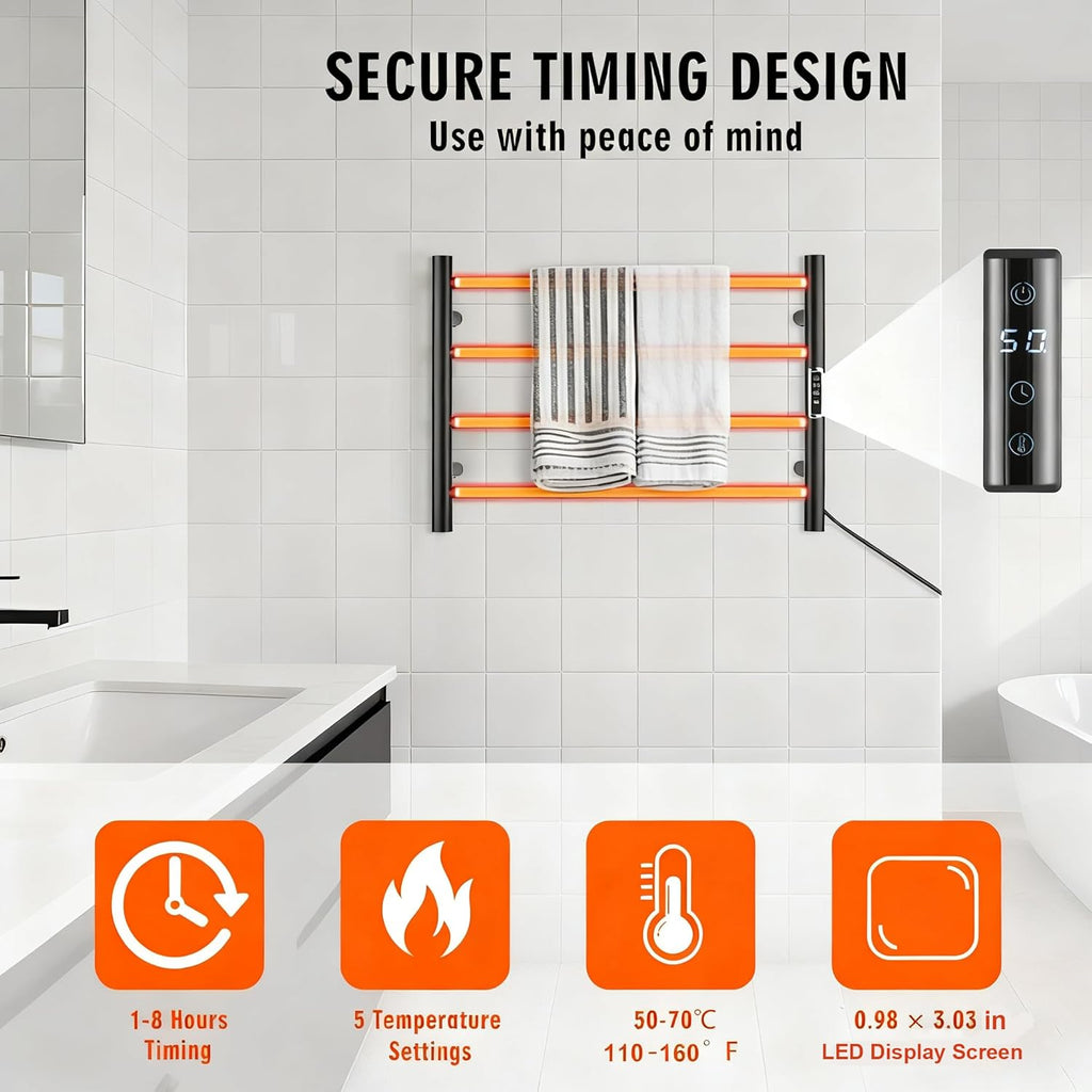 (1 Pack) Electric Towel Warmer with Built-in Timer - Wall Mounted Bathroom Heated Towel Rack, Plug-in Design Black