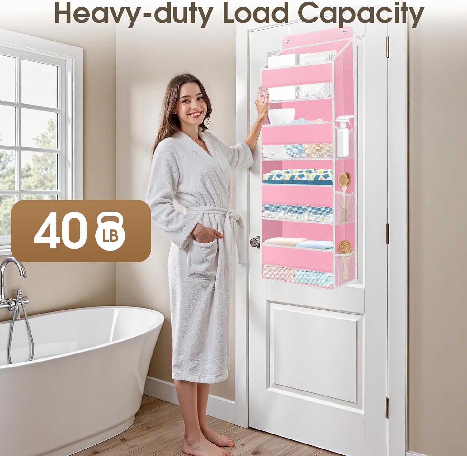 1 Pack Over The Door Organizer Hanging Storage Organizers with Clear Window 40lb Large Capacity Room Organizer for Pantry Laundry Bathroom Nursery Closet(Pink)