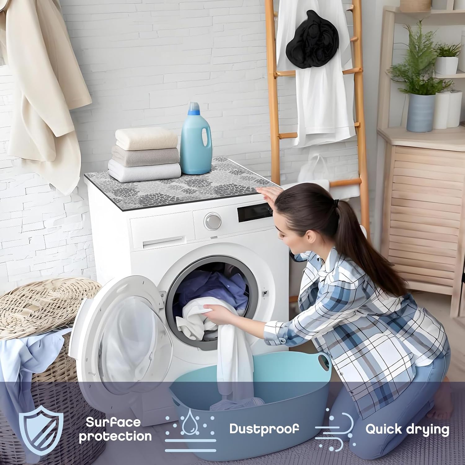 1 Pcs 26" x 18" Dryer Top Protector Mat, Washer and Dryer Topper, Non Slip Waterproof Machine Cover Dust Proof Quick Drying Topper Pad for Laundry and Kitchen (Bloom)