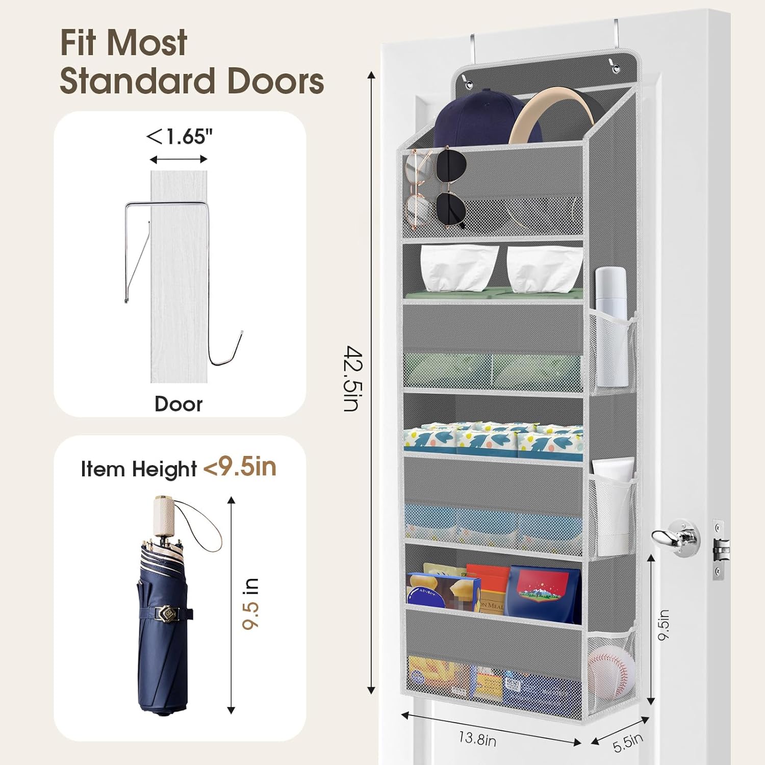 1 Pack Over The Door Organizer, Hanging Storage Organizer with Clear Window, 40lb Ultra Sturdy Large Capacity Room Organizer for Pantry Laundry Bathroom Nursery Closet Baby Essential (Grey)