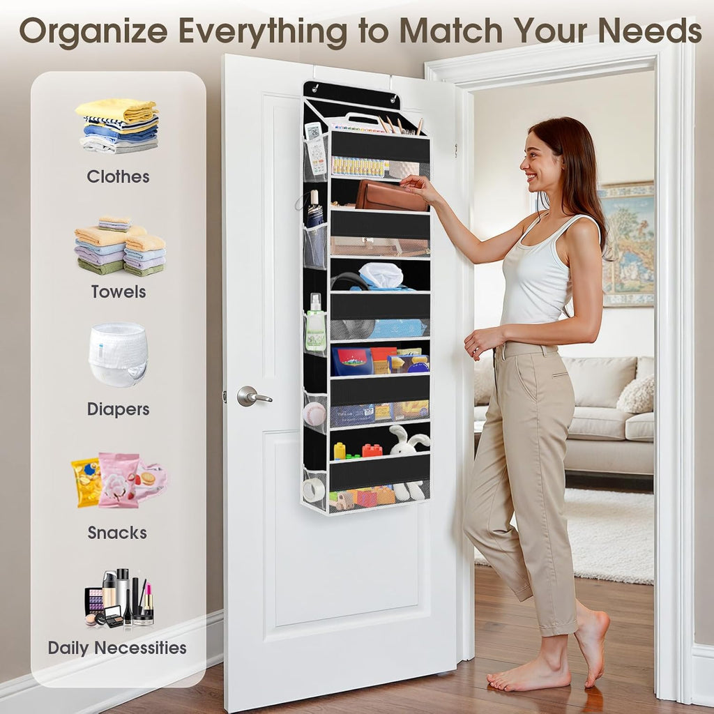 1 Pack Over The Door Organizer, Hanging Storage Organizer with Clear Window, 40lb Ultra Sturdy Large Capacity Room Organizer for Pantry Laundry Bathroom Nursery Closet (Black)