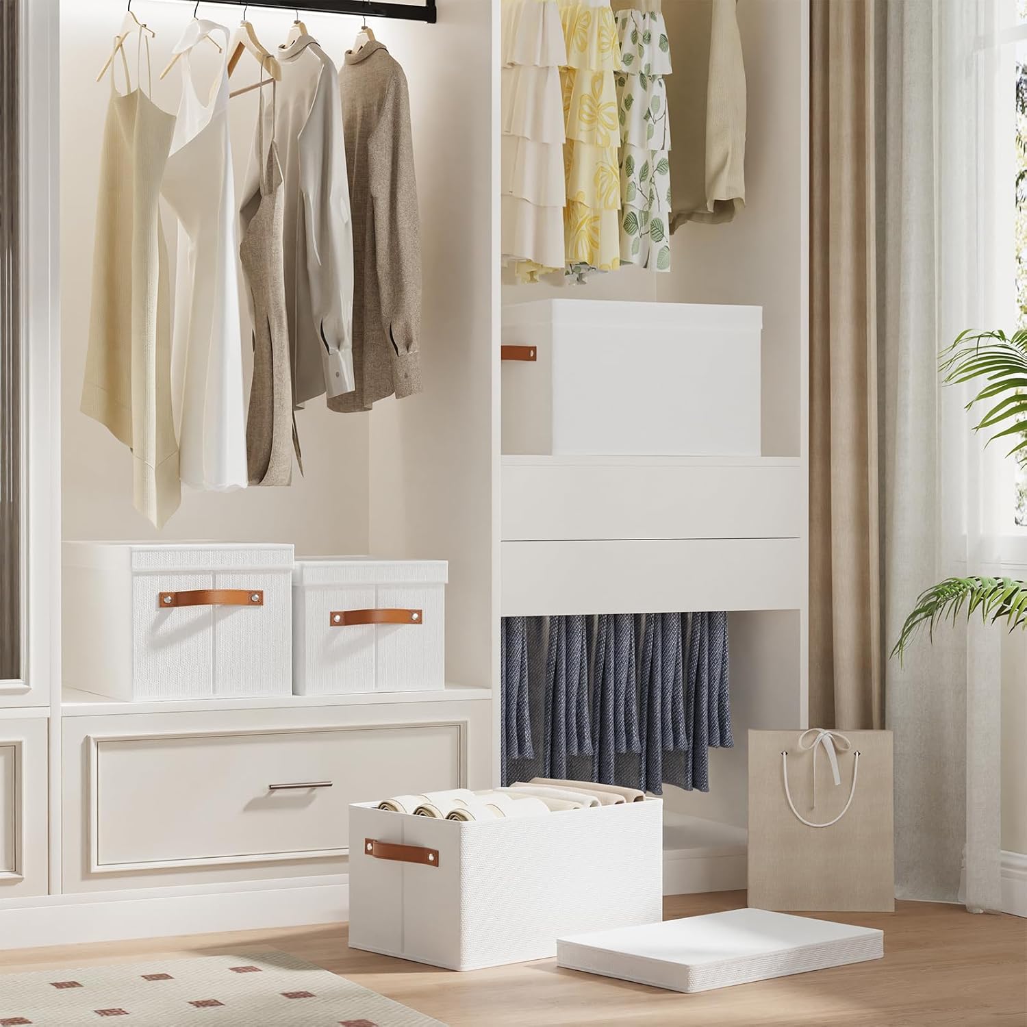 1 Pack Storage Box with Lid, Storage Basket for Shelves with Handles, Fabric Closet Organizer, White, 16.5 x 11.8 x 10.2 Inch