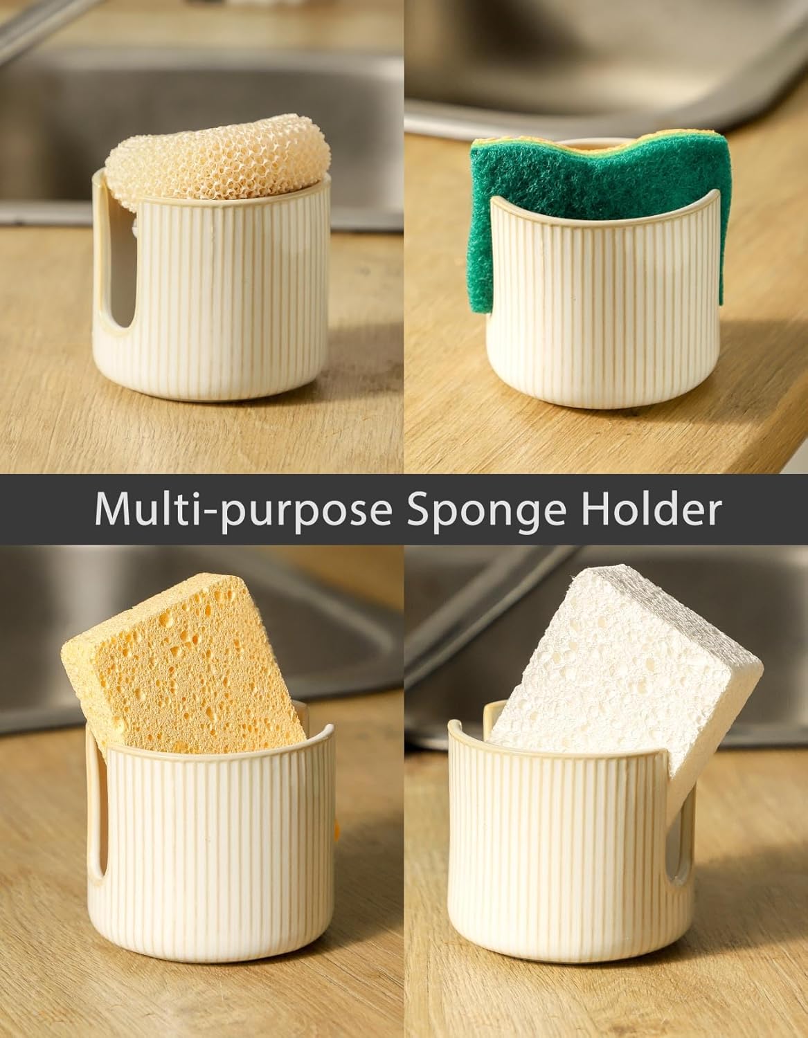 Sponge Holder for Kitchen Sink Countertop, Ceramic Scrub Sponge Dish Holder, Compact Sink Caddy Organizer Accessories for Dish Brush, Scrubber, Glazed White