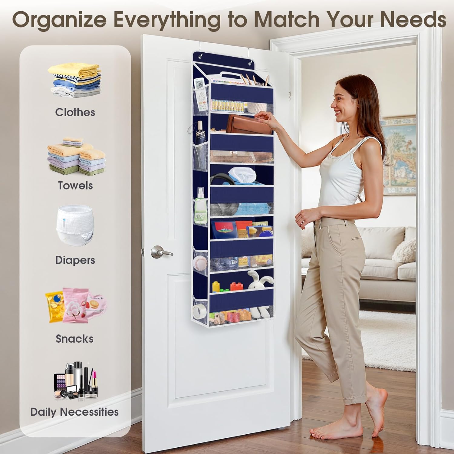 1 Pack Over The Door Organizer, Hanging Storage Organizer with Clear Window, 40lb Ultra Sturdy Large Capacity Room Organizer for Pantry Laundry Bathroom Nursery Closet (Blue)