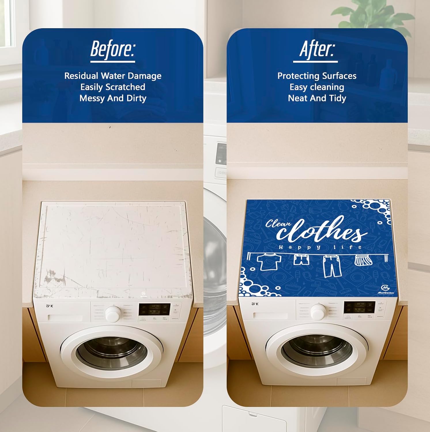 (2PCS) Washer And Dryer Covers For The Top With Blue Design And Happy Life Words, Decorative Washer Dryer Topper And Washing Machine Cover For A Cheerful Laundry Room (23 x 23 in)