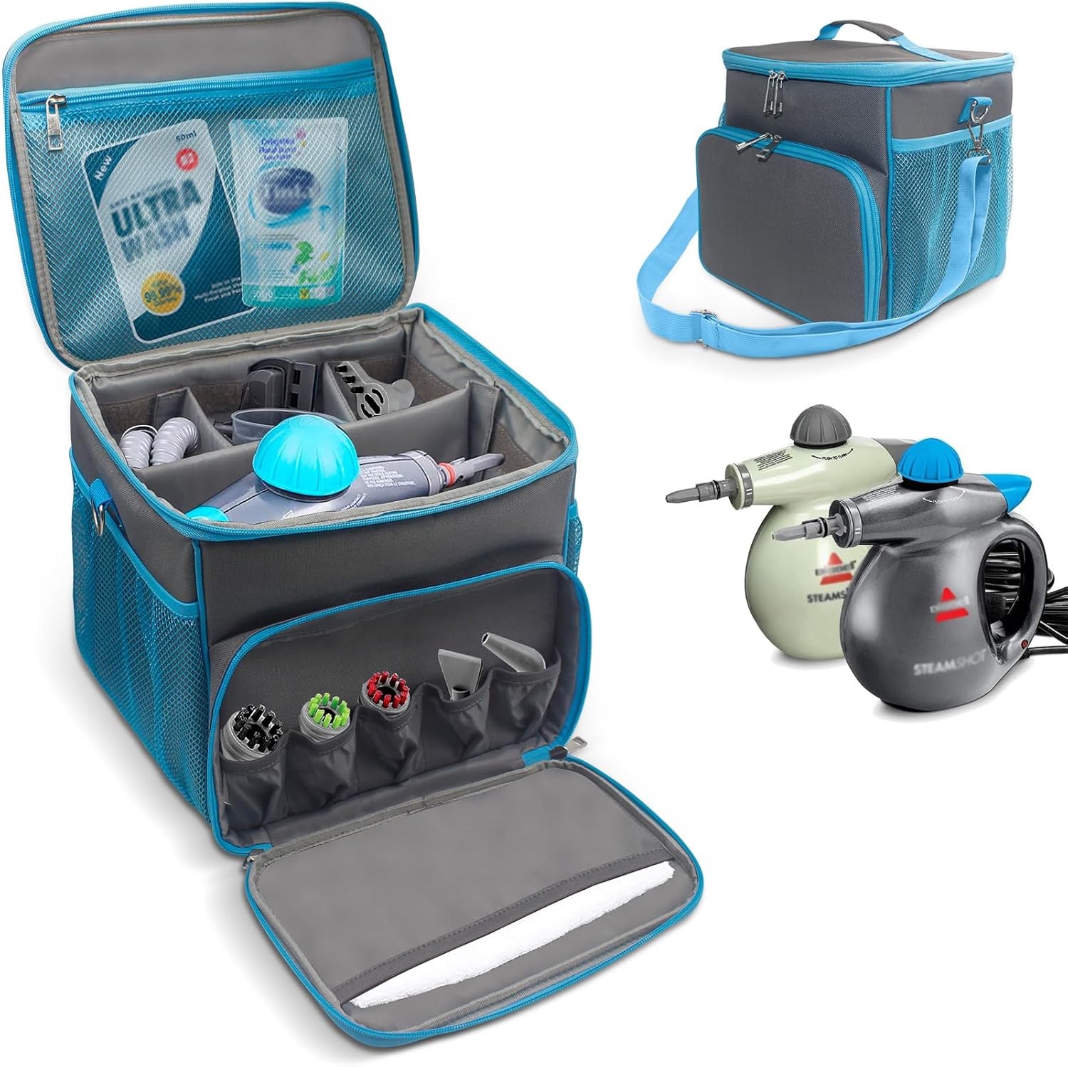 Carry Bag for Bissell SteamShot Steam 39N7V/39N7A Cleaner, Handheld Steam Cleaner attachments, Adjustable Compartments Large Storage Bag for bissell steamshot accessories, Bag Only (Gray & Blue)