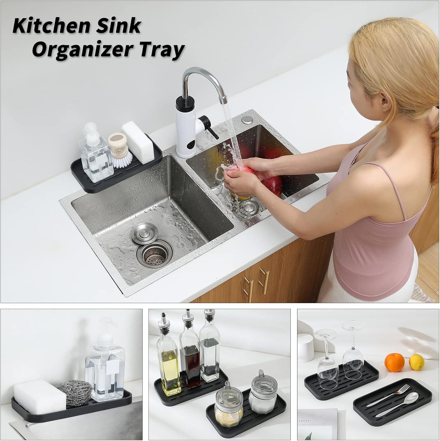 Silicone Kitchen Sink Organizer Tray for Multiple Usage,Eco-Friendly Sponges Holder for Kitchen Bathroom Counter or Sink,Dish Soap Dispenser,Scrubber,Bottle,Cup (Black, 10"×5.3")