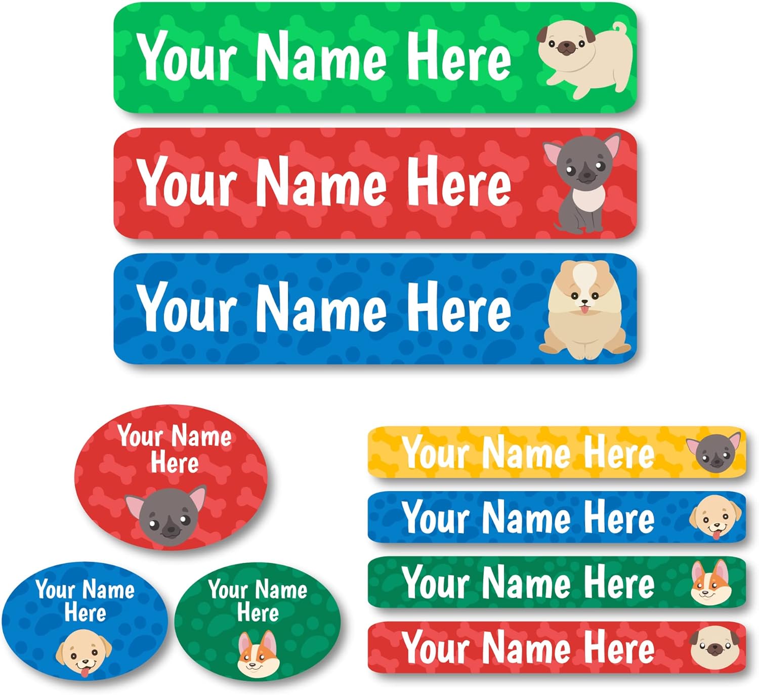 Lovable Labels Personalized Labels for Kids (85 Labels/Pack) - 3 Label Sizes Waterproof Dishwasher Safe Peel & Stick Labels for School Supplies Daycare Camp Clothing Bottles (Paw-sitive Puppies)