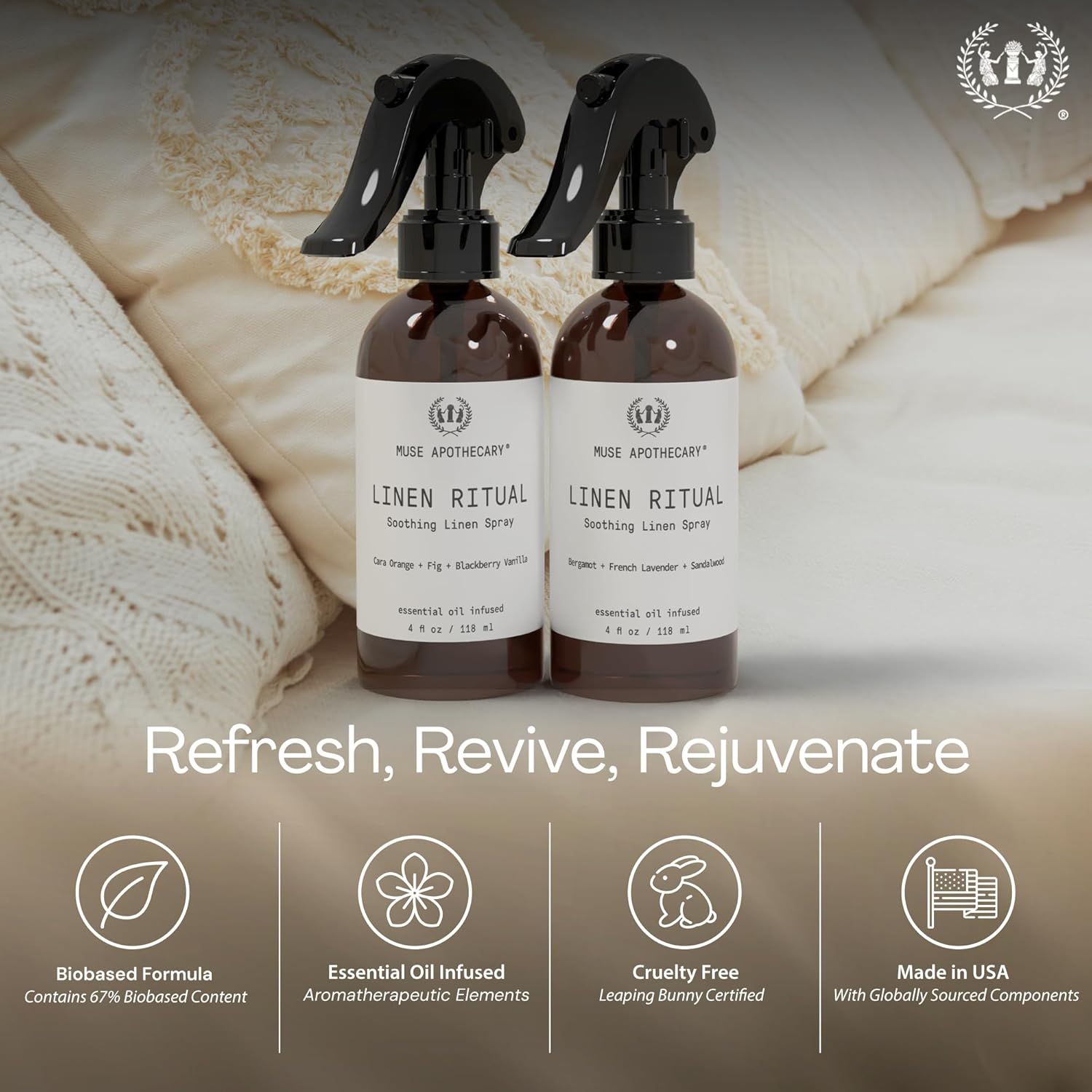 Muse Apothecary Linen Ritual - Aromatic, Soothing, and Relaxing Linen Mist, Laundry and Fabric Spray - Infused with Aromatherapy Essential Oils - 4 oz, Bergamot + French Lavender + Sandalwood,