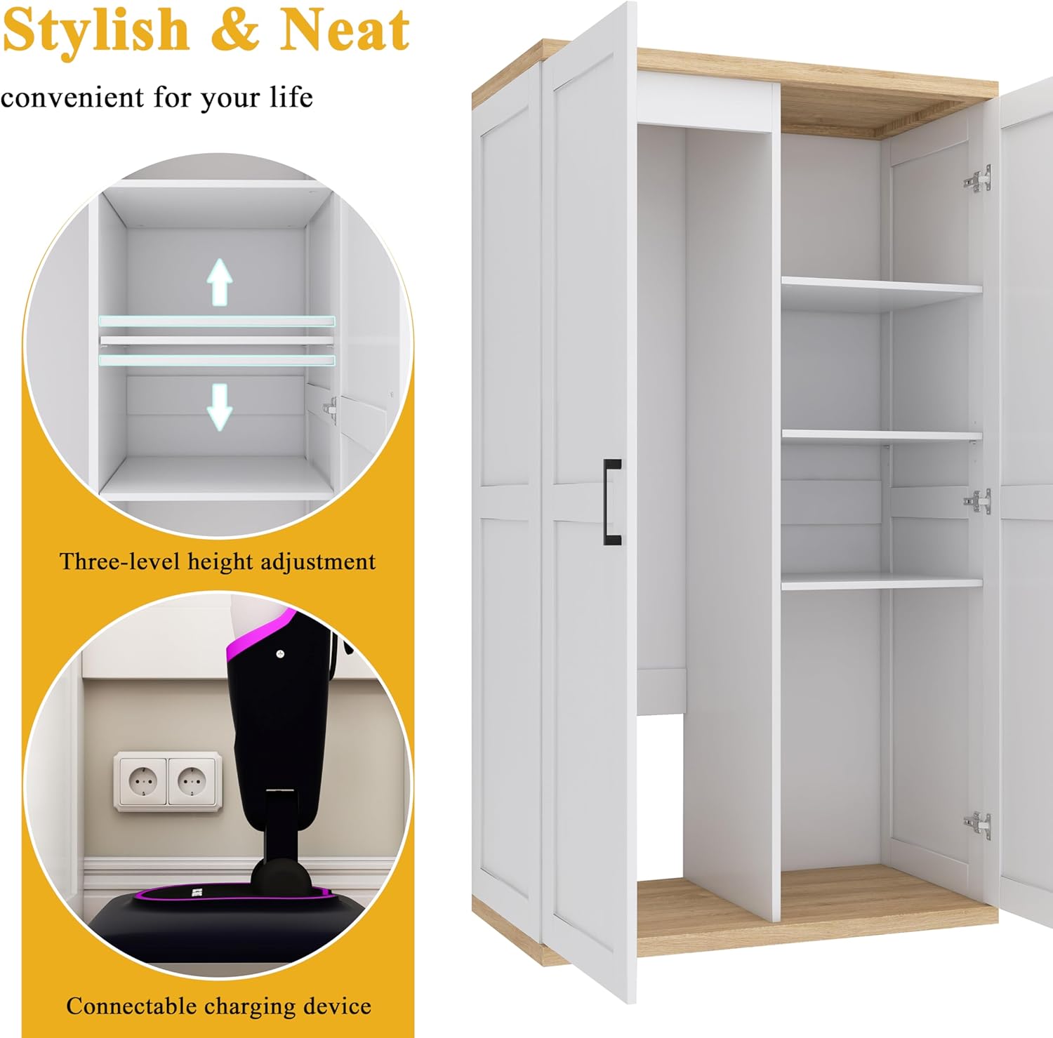 Wooden 55" Tall Broom Closet Storage Cabinet for Vacuum Cleaner & Floor Scrubbers with 2 Doors and Adjustable Shelf, Cleaning Supply Cabinet with Bottom Openwork for Laundry Room, Garage