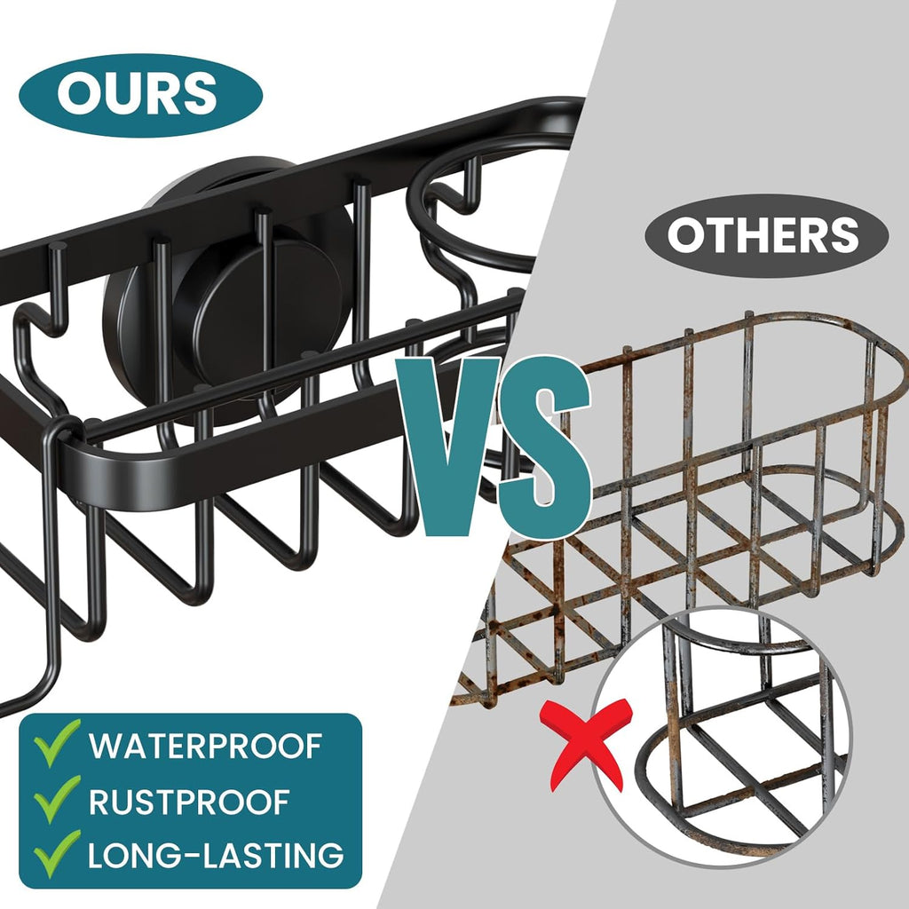 TAILI 4-in-1 Sponge Holder for Kitchen Sink with Strong Suction Cup Removable, Rustproof Aluminum Sink Caddy for Sponge, Brush, Scrubber, Scraper -Black