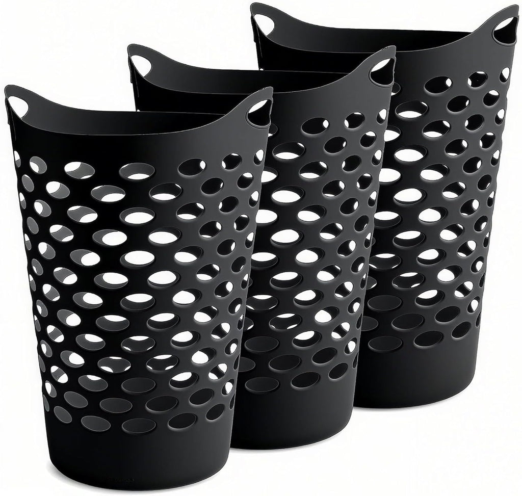 (3 Pack) Black Plastic Round Laundry Hamper - 2.2 Bushel Capacity, Lightweight with Flex Carrying Handles for Home, Dorm, Bathroom & Laundry Room