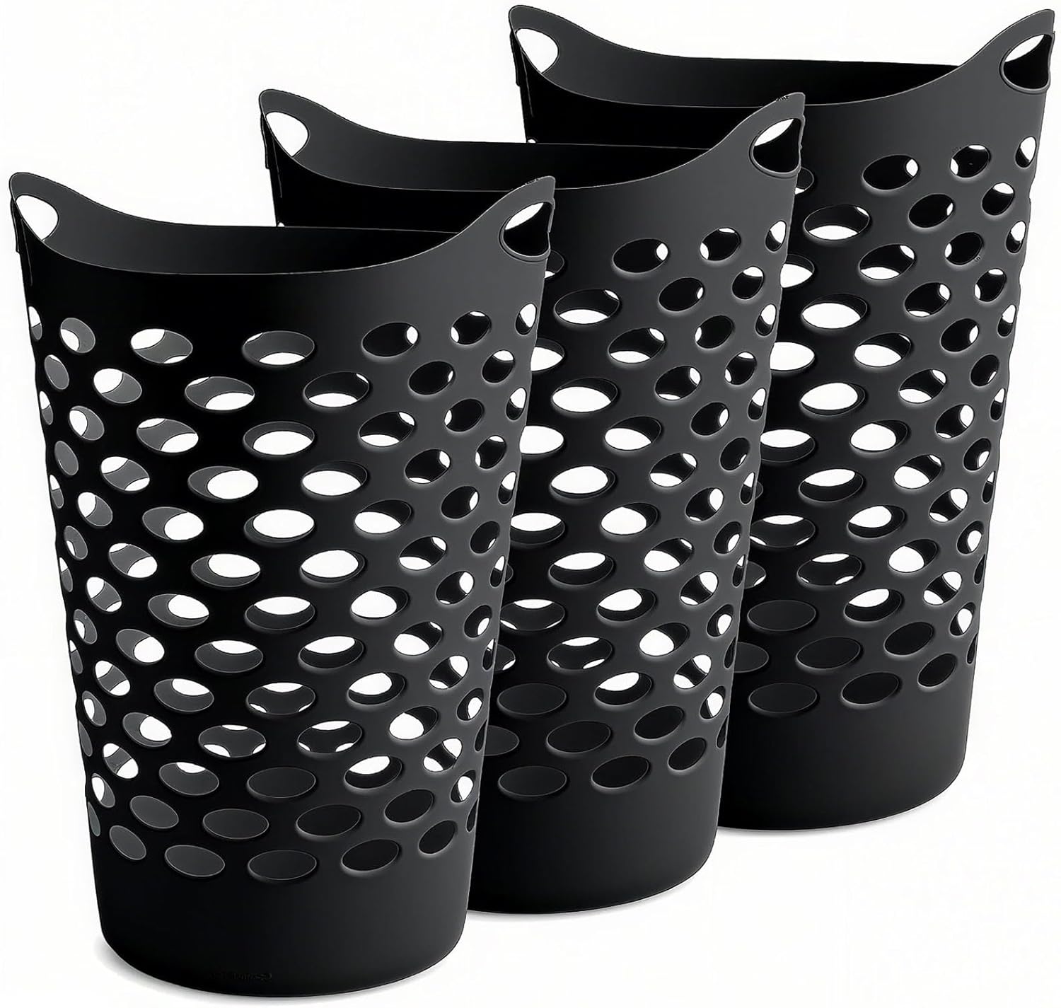 (3 Pack) Black Plastic Round Laundry Hamper - 2.2 Bushel Capacity, Lightweight with Flex Carrying Handles for Home, Dorm, Bathroom & Laundry Room