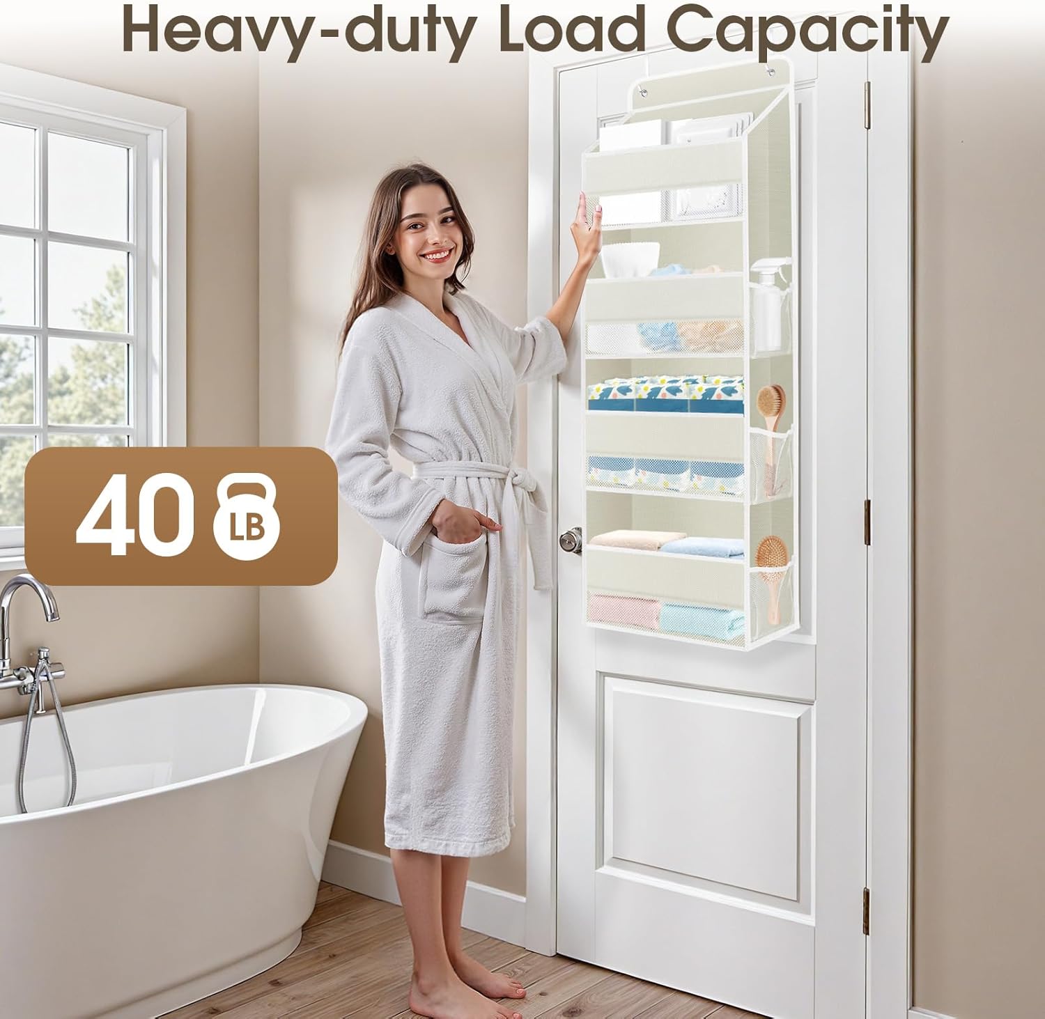 1 Pack Over The Door Organizer, Hanging Storage Organizer with Clear Window, 40lb Ultra Sturdy Large Capacity Room Organizer for Pantry Bathroom Nursery Closet Baby Essential (Beige)