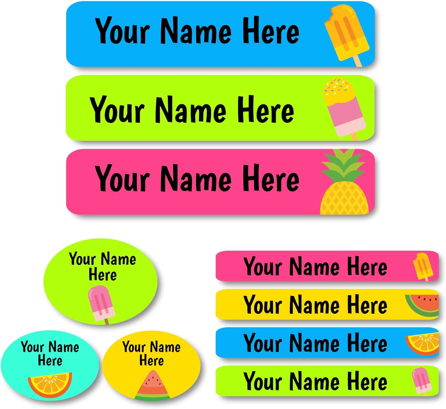Lovable Labels Personalized Labels for Kids (85 Labels/Pack) - 3 Label Sizes Waterproof Dishwasher Safe Peel & Stick Labels for School Supplies Daycare Camp Clothing Bottles (Summer Treats)