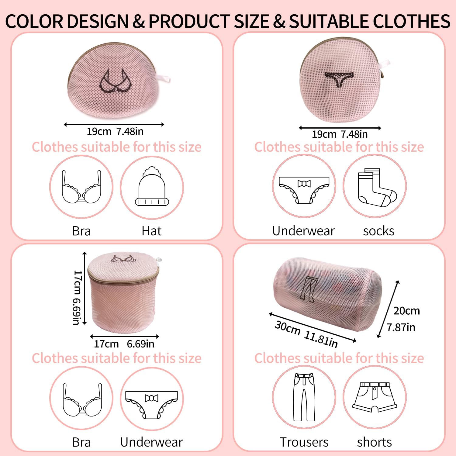 (2Pcs) delicates wash bags 3-Layer Durable Fine Mesh Wash Bags with Rust-Proof Hidden Zipper, Tangle-Proof & Space-Saving for Delicates, Bras, Lingerie, Clothes (Pink, Short sleeve)
