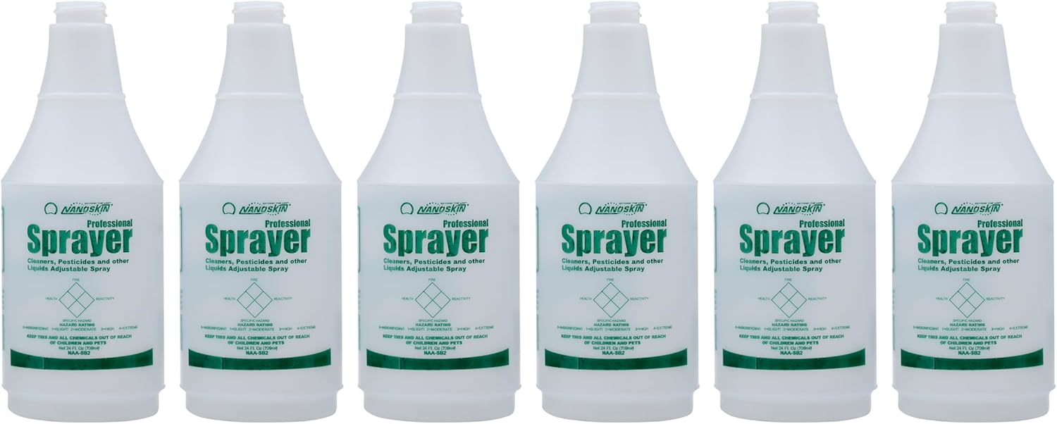 Nanoskin 6-Pack 24 Oz. Natural HDPE Spray Bottles, 28/400 Neck Finish | Molded-in Dilution Scale | Heavy-Duty Cleaning Bottles for Chemicals, Gardening, Auto Detailing, and Household Use